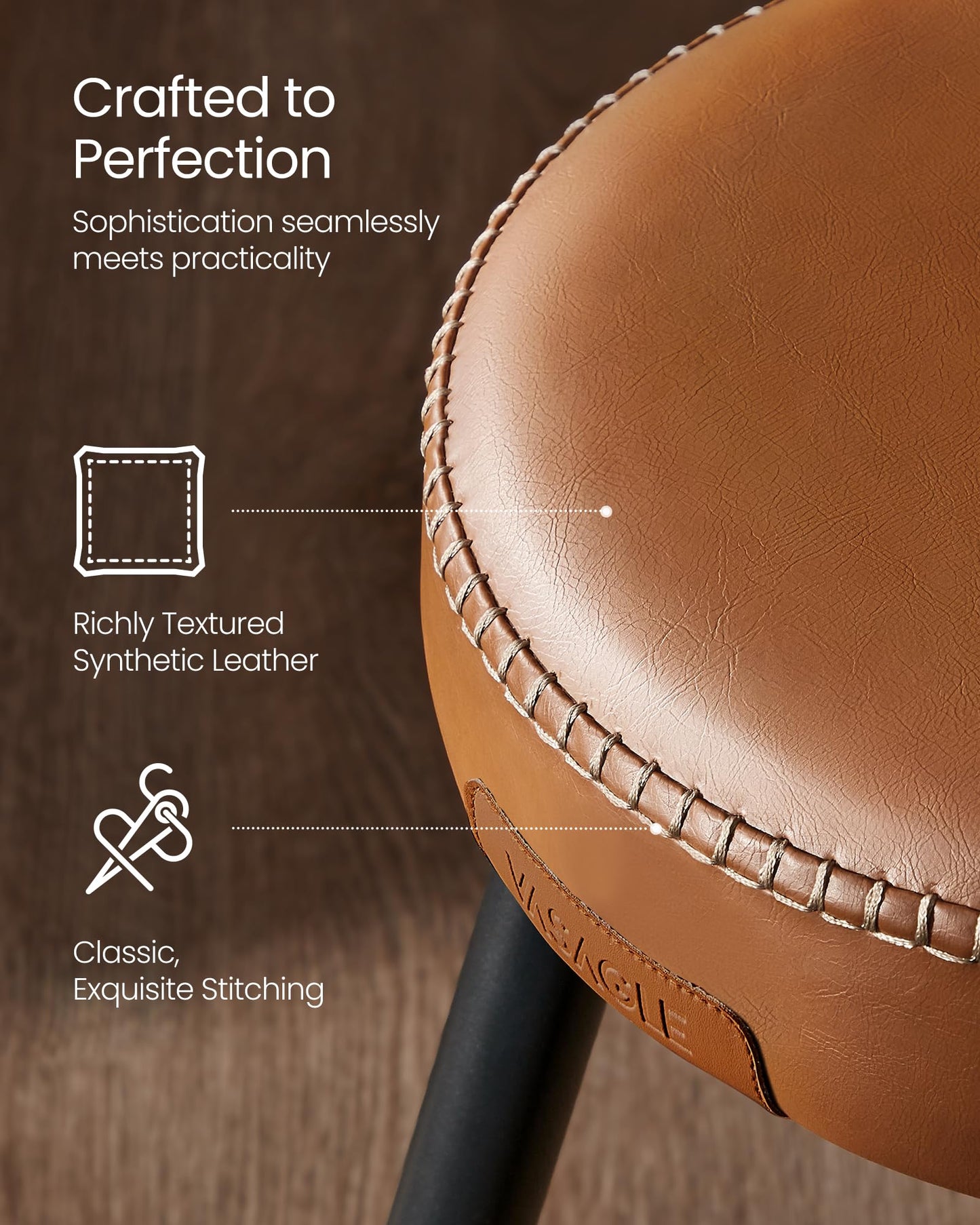 VASAGLE EKHO Collection - Dining Chairs Stools Set of 2, Upholstered Kitchen Chairs, Vanity Stools, Synthetic Leather with Stitching, Mid-Century Modern, 19-Inch Tall, Easy Assembly, Caramel Brown