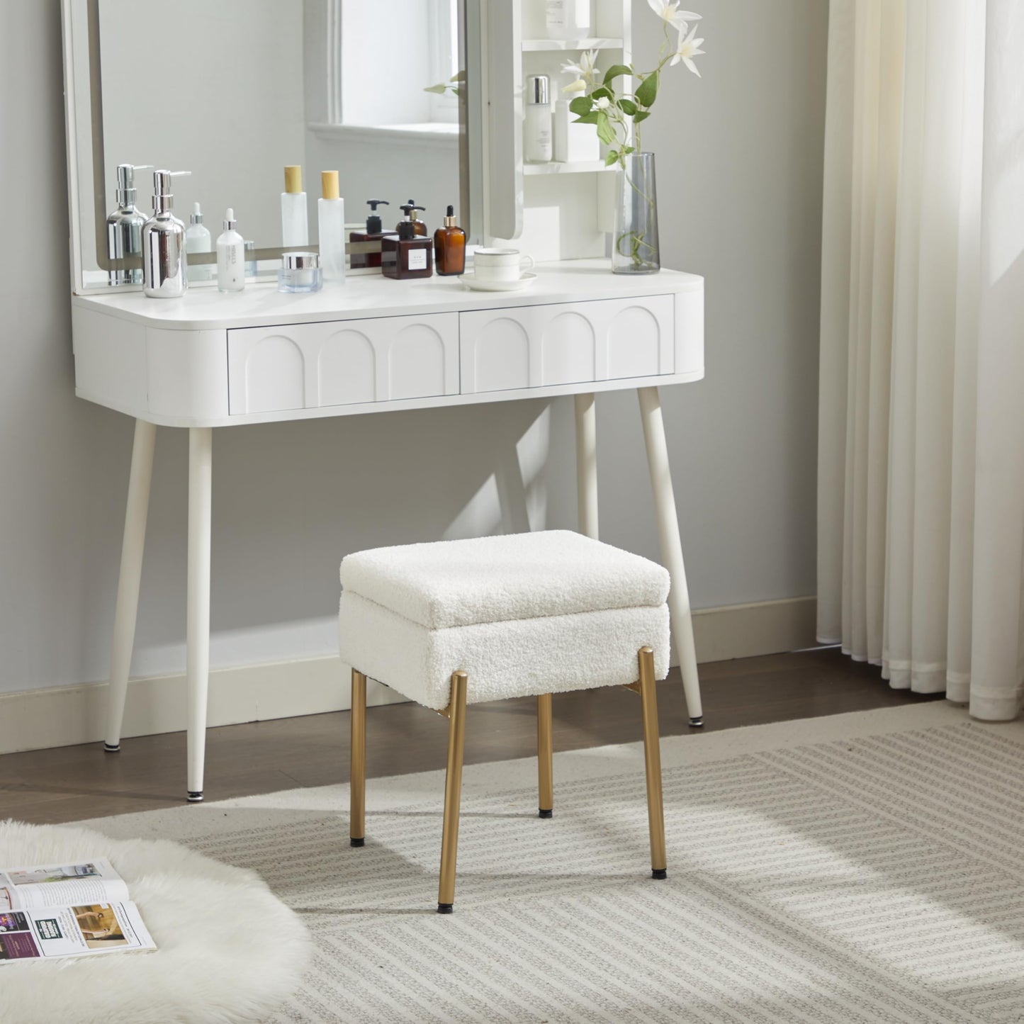Vanity Stool Chair, Small Ottoman Stool with Storage, Makeup Vanity Chair with Anti-Slip Feet, Footstool Ottoman with Metal Legs, Storage Chairs for Makeup Room, Bedroom, Living Room (White+Gold)