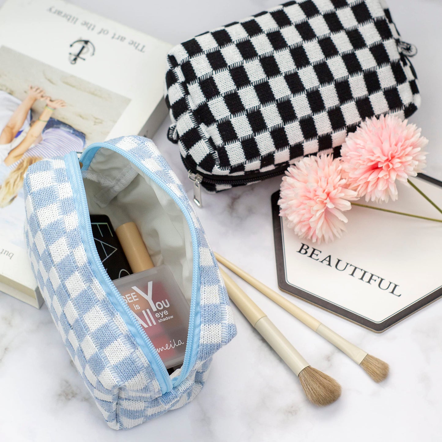 PAZIMIIK Checkered Makeup Bag for Purse Portable Zipper Make Up Pouch Small Cosmetic Case for Travel Accessories (6PCS Blue)