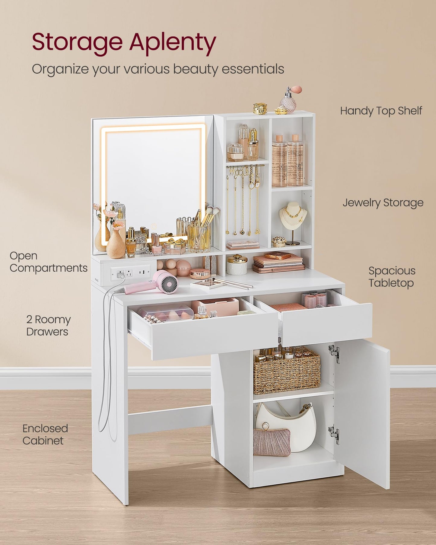 VASAGLE KAILYN Collection - 35.4-Inch Vanity Desk with Mirror and Lights, Power Outlets, Modern Vanity Table, Jewelry Storage, Adjustable Shelves, for Bedroom, Cloud White URDT132WB03S