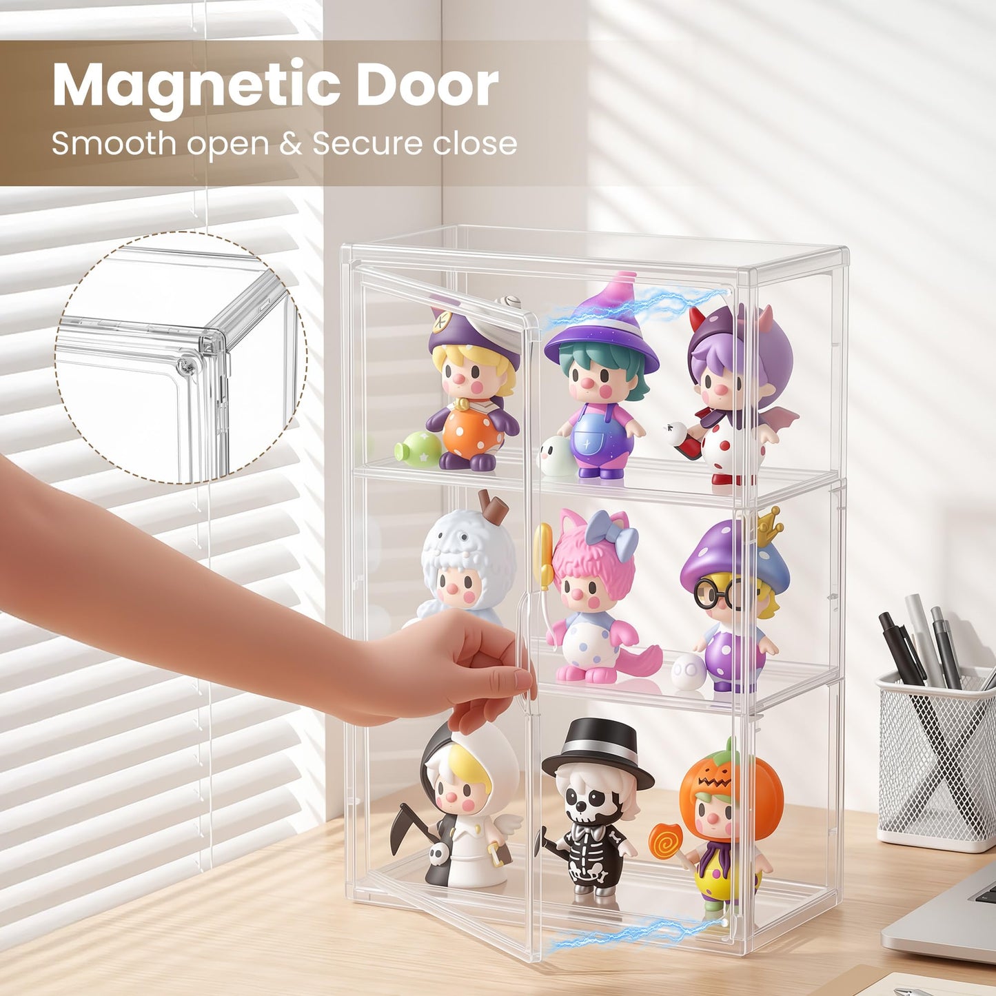 TimberAura 3-Tier Acrylic Display Case for Figures, Wall-Mounted Clear Action Figure Storage Organizer with Magnetic Door & 2 Adjustable Shelves, Dustproof Showcase for Collectibles, 1 Pack