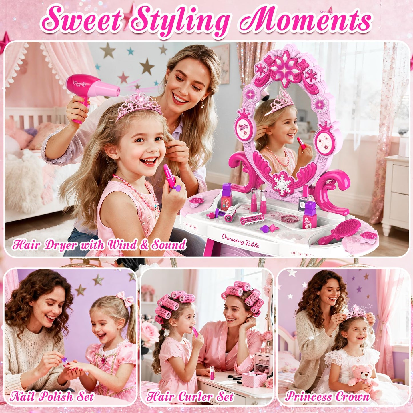Toddler Vanity Kids Vanity Table and Chair Set, Girls Makeup Table with Mirror Lights & Music, Pretend Play Dress Up Toys with Hair Dryer, Princess Crown & Wand, Storage Bag, Gifts for Girls Age 3 4 5