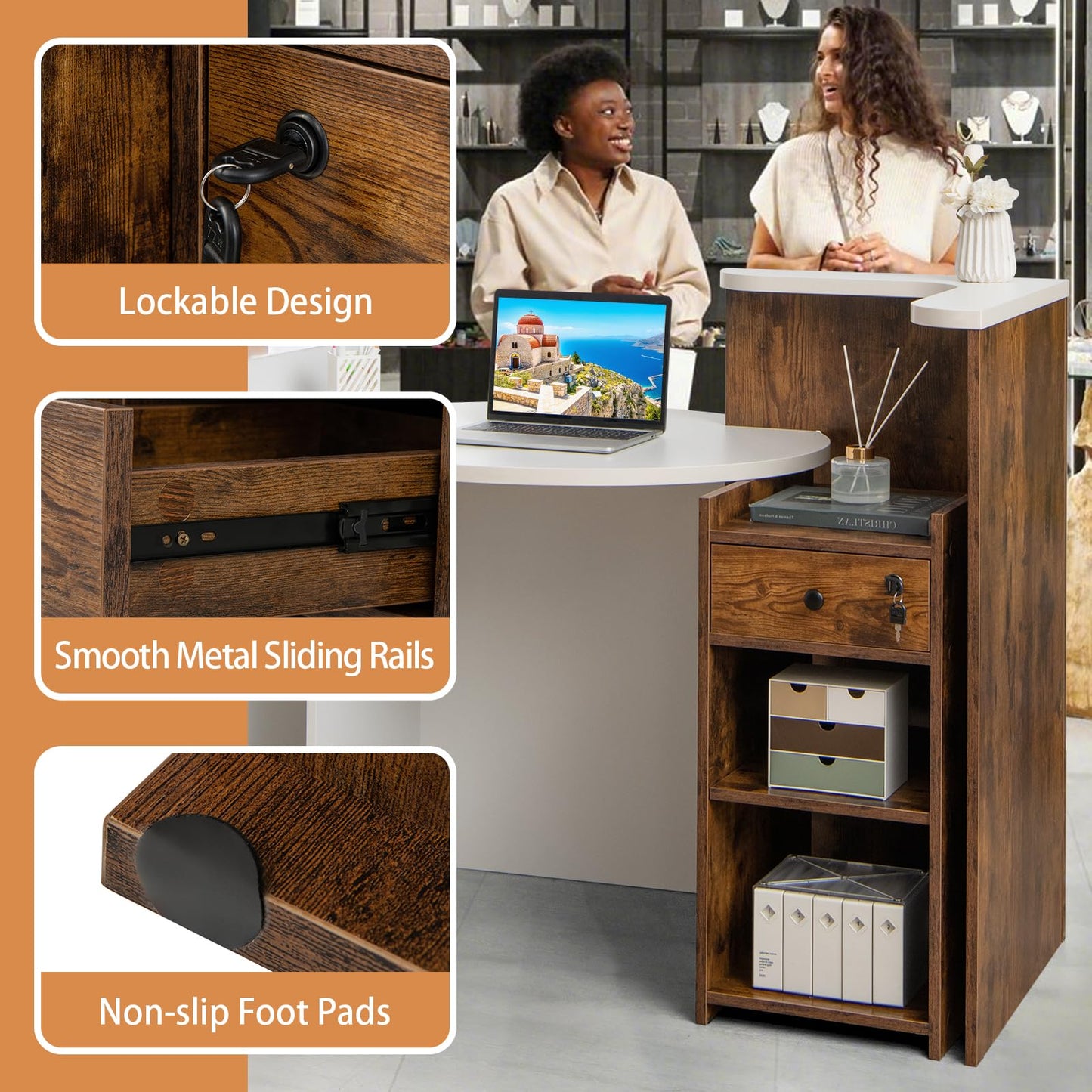 Tangkula Reception Desk, Front Counter Desk with Lockable Drawer & Adjustable Shelf, Oval Desktop, Retail Counter for Checkout, Computer Workstation for Salon Lobby Home Office