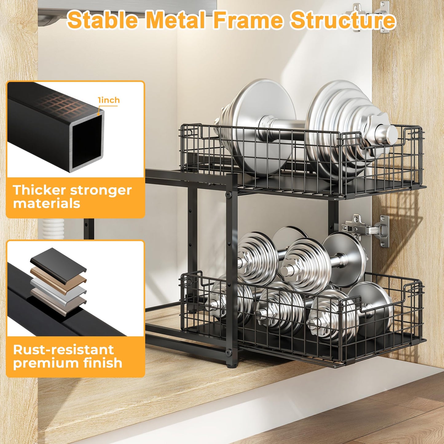 SILUB Under Sink Organizer, 2-Tier Pull Out Cabinet Organizer, Adjustable Height Bathroom Organizer and Storage, Spice Rack for Kitchen, Sliding Drawers Shelves 13.8×11×15.8 Inch (1 Pack)
