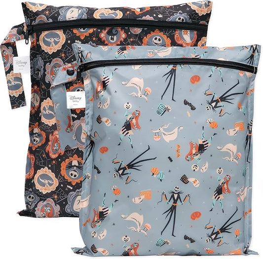 Bumkins - Disney - Waterproof Wet Bag - For Baby, Travel, Swim Suit, Cloth Diapers, Pump Parts, Pool, Gym, Toiletry, Strap to Stroller - Reusable & Easy to Clean - 2pk - Nightmare Before Christmas