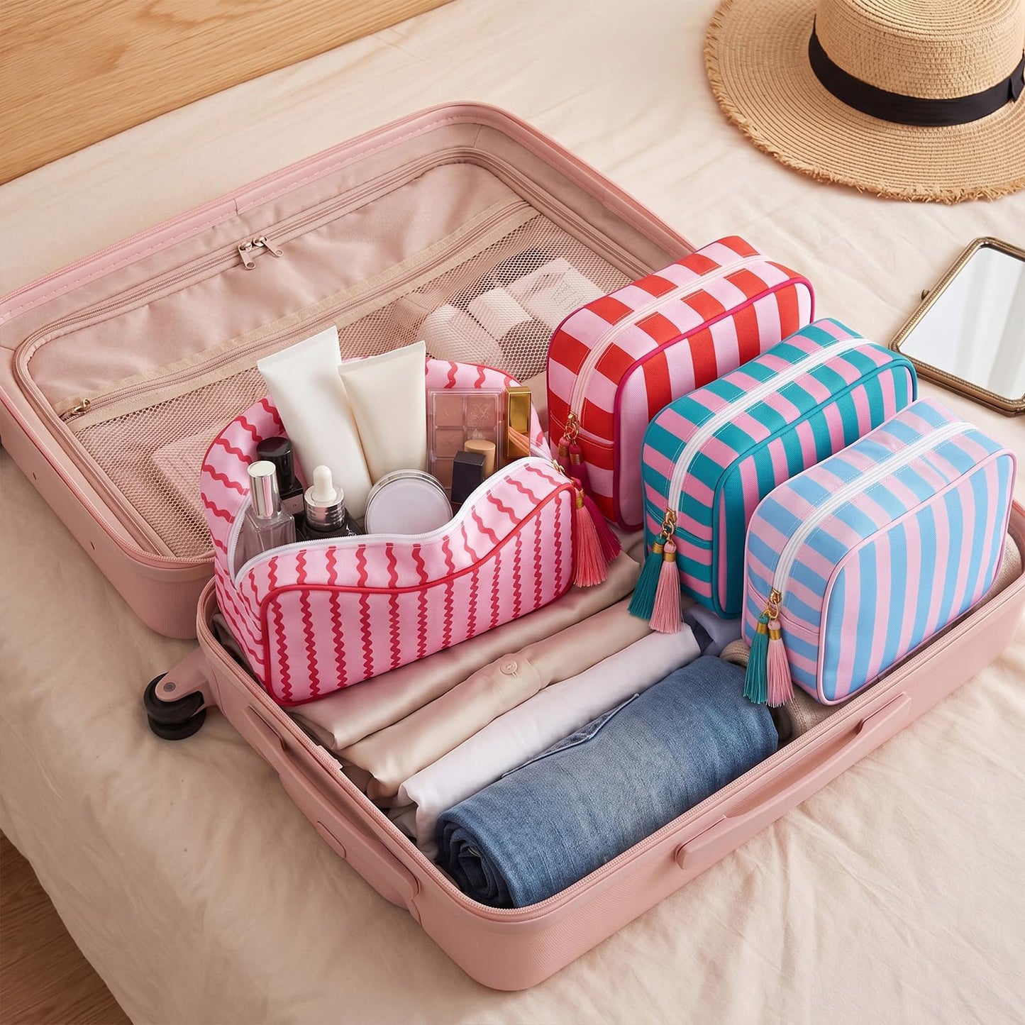 Kacctyen 6 Pack Mixed Color Striped Makeup Bag bulk with Tassel Travel Cosmetic Pouch Organizer Large Zipper Toiletry Case for Women Aesthetic Storage Pouch Mahjong Tile Bag
