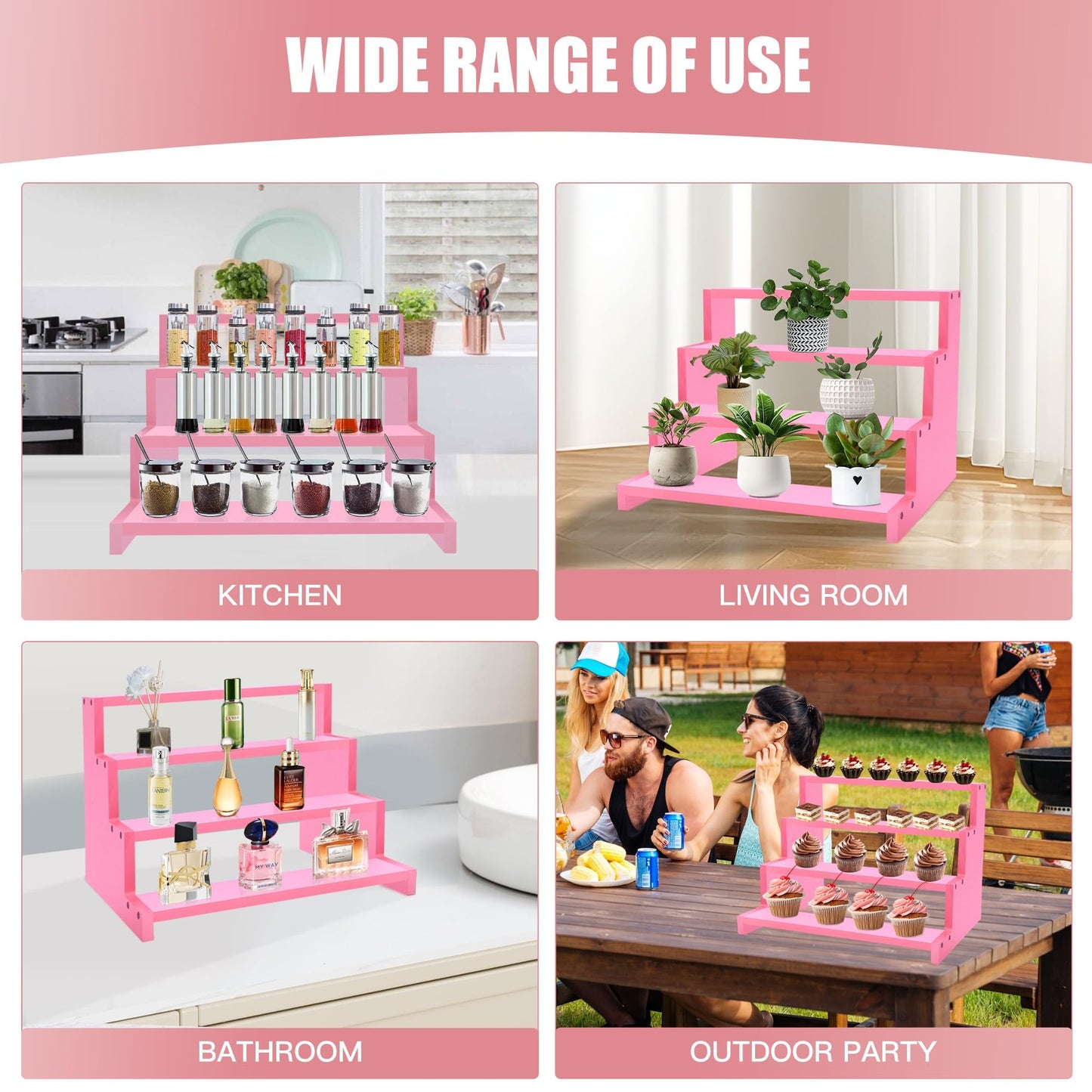 Turesmith Wooden Perfume Stand for Women 4 Tier Pink Perfume Organizer Stand Perfume Display Shelf & Holder for Women’s Dresser & Vanity Desktop Rack for Fragrance Figures Dessert Cupcakes Decoration