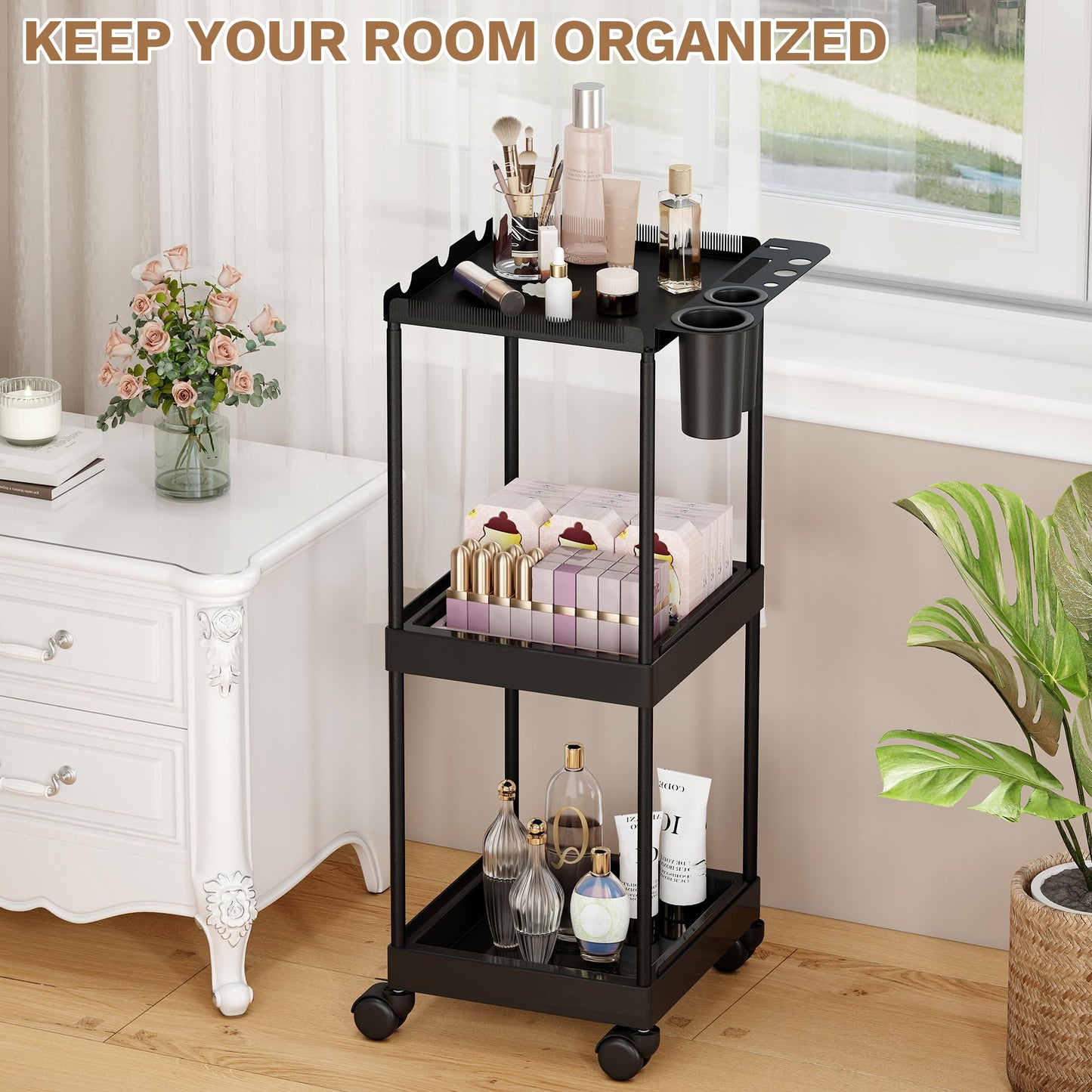 3 Tier Hair Extension Holder, Rolling Hair Extension Tool Trolley Cart, Wigs Styling Braiding Rack Separator Stand, Hairstylist Extensions Hanger Display Stand for Home Beauty Hair Salon Hairdressing