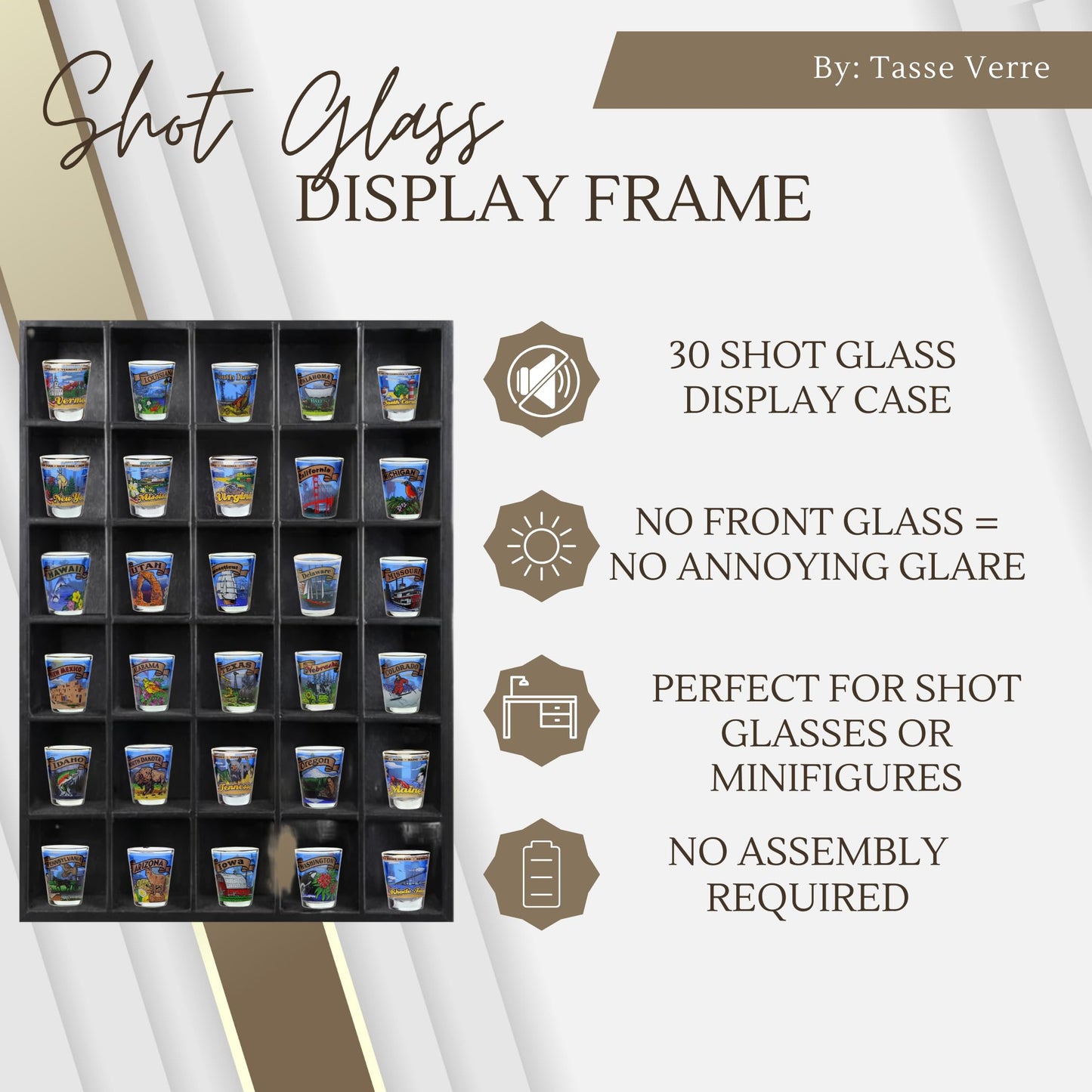 Tasse Verre 30 Shot Glass Shelf Display Case (1-Pack) - Large Wooden Collectibles Rack - Wall Mounted Black Bar Shadow Box Minifigure Storage, 16.7x12.2”