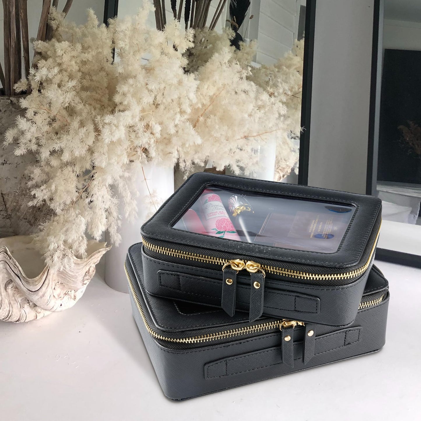 Aveniee Clear Makeup Bag Organizer, Portable Travel Toiletry Cosmetic Bag Case for Women, Heavy Duty Clear Pouch with zipper with Transparent Vinyl Windows & Gold Zippers(Black)