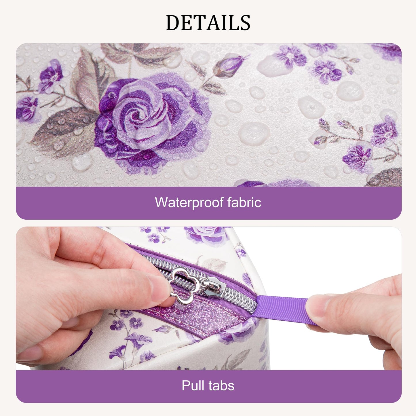 Mrsdry Travel Makeup Bag，Large-capacity waterproof cosmetic bag，Travel bags and toiletries bags for women，PU leather material，Multi-zone and large opening design (Purple flower)