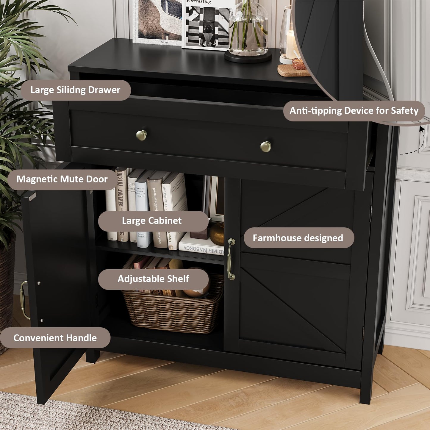 Mino Kesper Buffet Sideboard with 2 Barn Doors,Black Kitchen Cabinet with Adjustable Shelf, Freestanding Floor Storage Cabinet