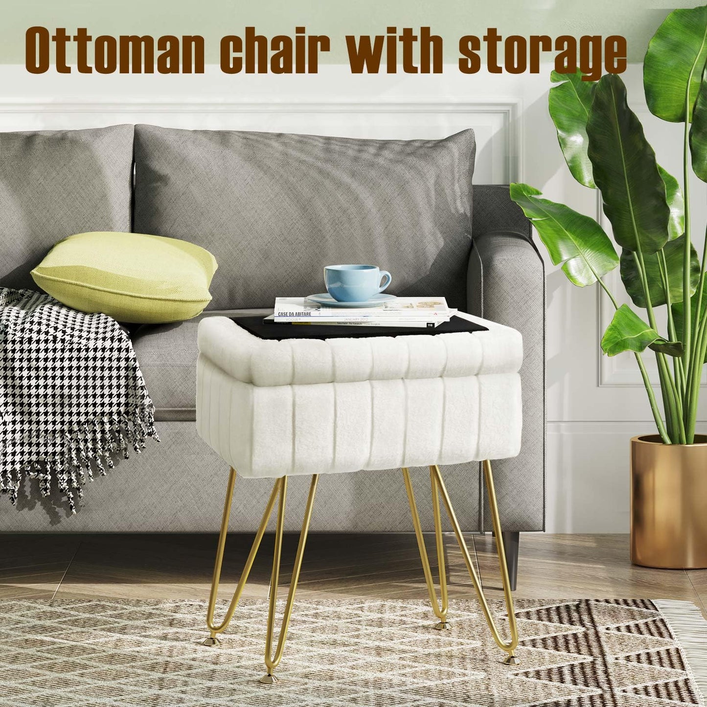 Greenstell Vanity Stool Chair Faux Fur with Storage, 15.7"L x 11.8"W x 19.4"H Soft Ottoman 4 Metal Legs with Anti-Slip Feet, Furry Padded Seat, Modern Multifunctional Chairs for Makeup, Bedroom White