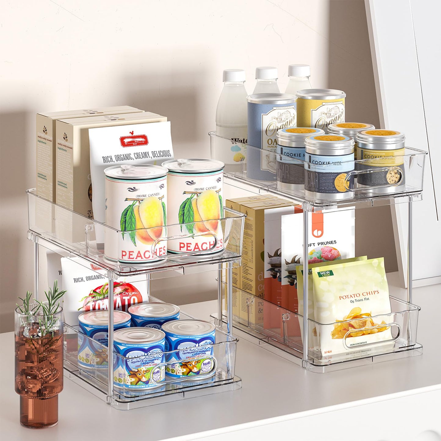 Delamu 2 Tier Under Sink Organizer Bathroom, Bathroom Cabinet Organizer with Snap-Lock Design and Hooks, Pull Out Storage with Movable Dividers, for Countertop, Kitchen and Pantry (Clear, 2 Pack)