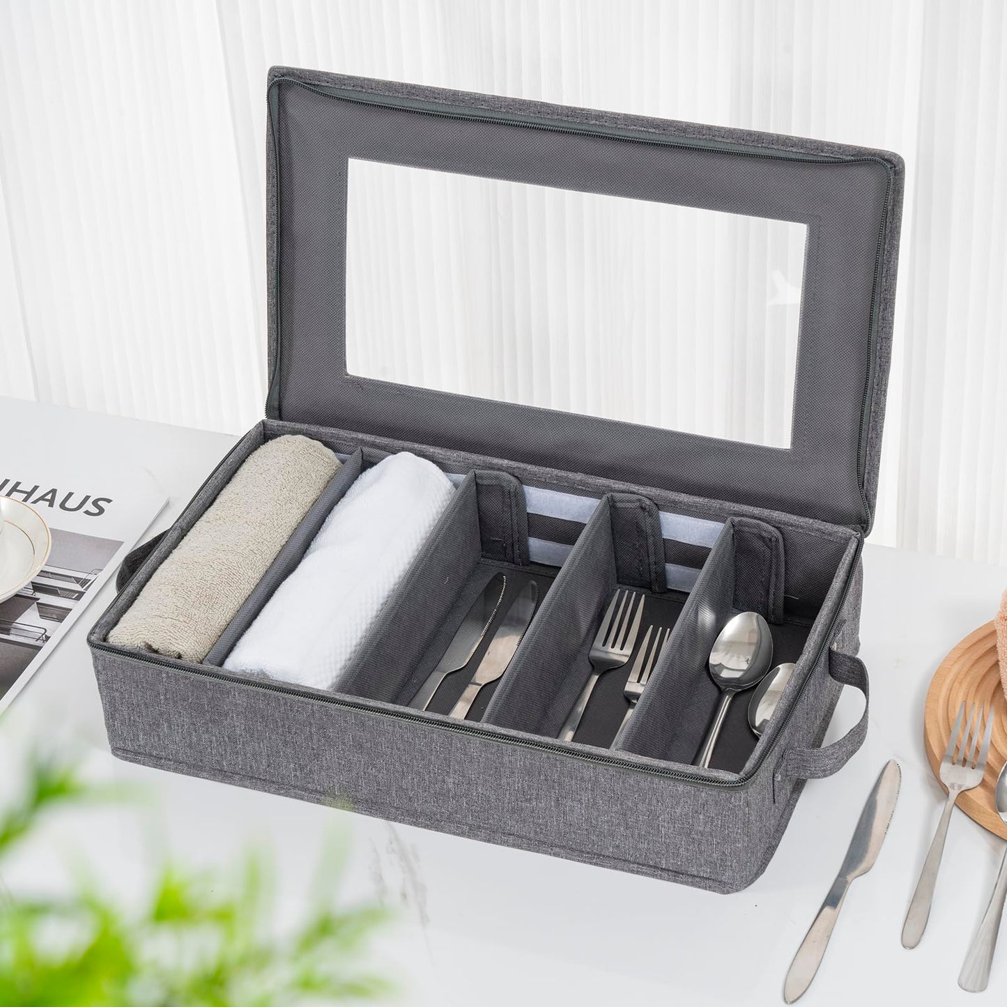 Lafulling Flatware Utensil Storage Case, Silverware Storage Box Chest with Adjustable Dividers, Cutlery Storage Holder with Zipper Lid for Organizing Cutlery, Flatware, Knives, Large Capacity Gray