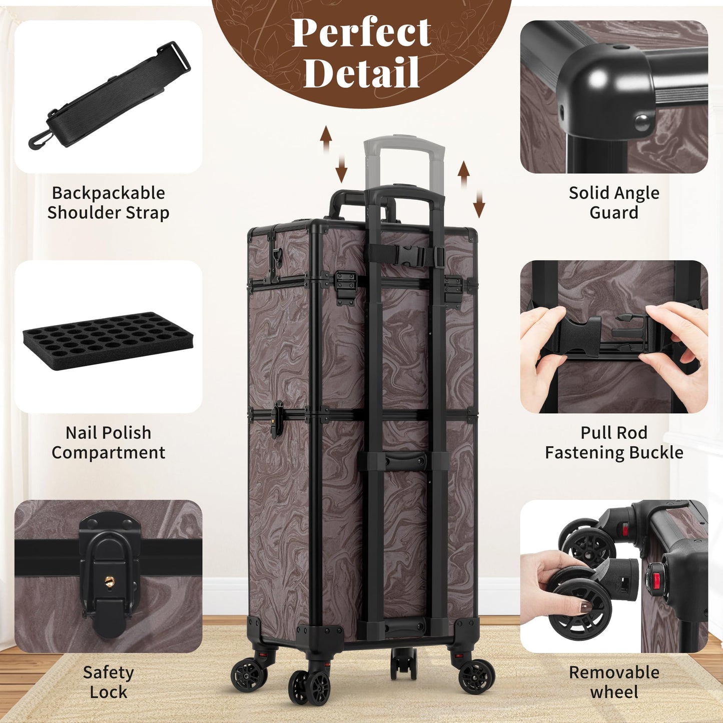 AROUS Rolling Makeup Case with 3 Drawers, Cosmetology Case on Wheels 5 IN 1 Makeup Train Case Make Up Organizer for Artist Salon Nail Teach Trunk,Ink Brown