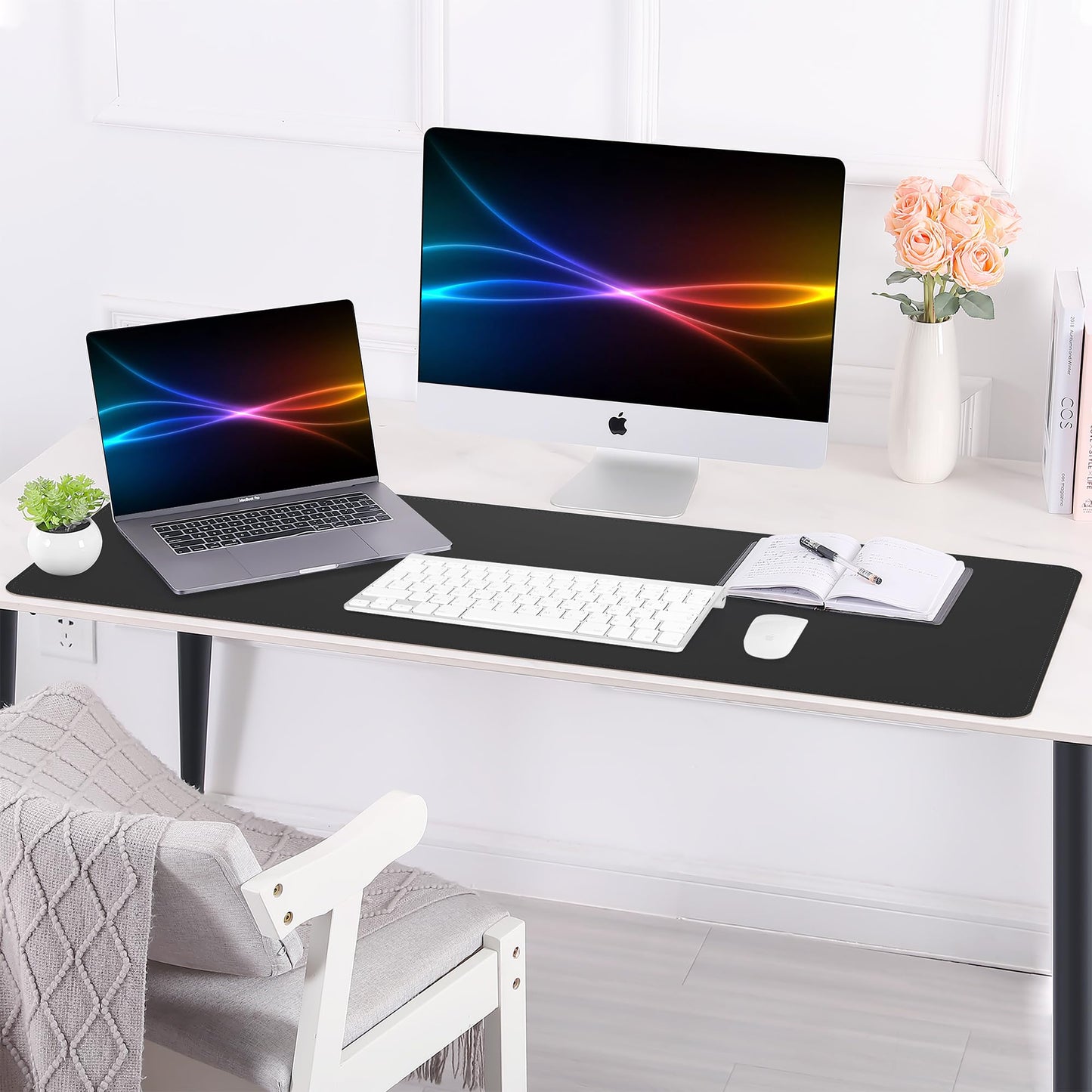 AFIING Desk Mat 35.4" x 17", Cork & PU Leather Desk Pad, Black
