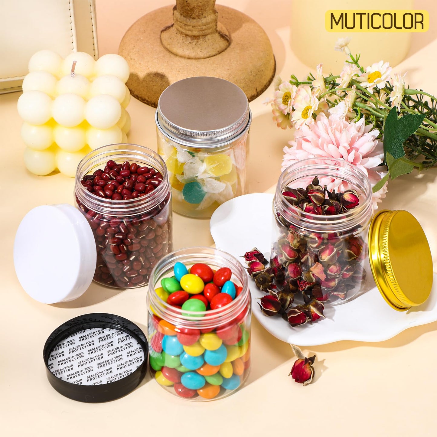 Meanplan 100 Pcs 4 oz Plastic Jars with Lid Mini Mason Jars with Lids Clear Round Cosmetic Container for Travel Storage, Lotion, Cream, Kitchen Use, DIY Crafts(Gold, Silver, Aluminum)