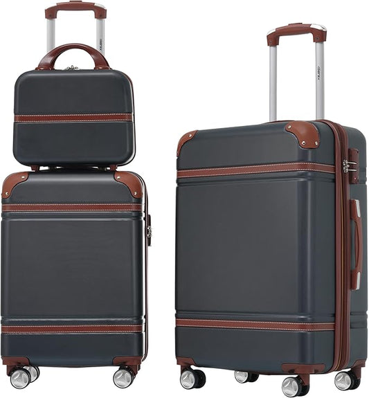 Merax Luggage Set 2 Piece Suitcase Set with Cosmetic Case Expandable Spinner Wheels Vintage Luggage Sets(Black,20"+24")