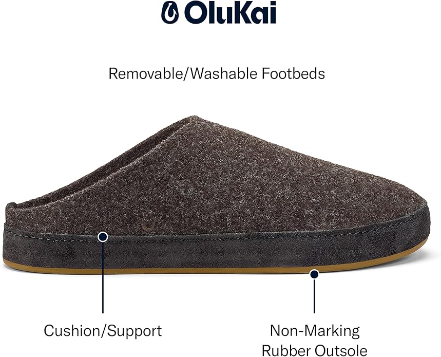 OLUKAI Hamani Hulu Men's Wool Mule Slippers, Soft & Comfortable Slippers with Premium Materials, Sheepskin Shearling & Italian Felt, All-Day Wear, Dark Java/Dark Java, 7