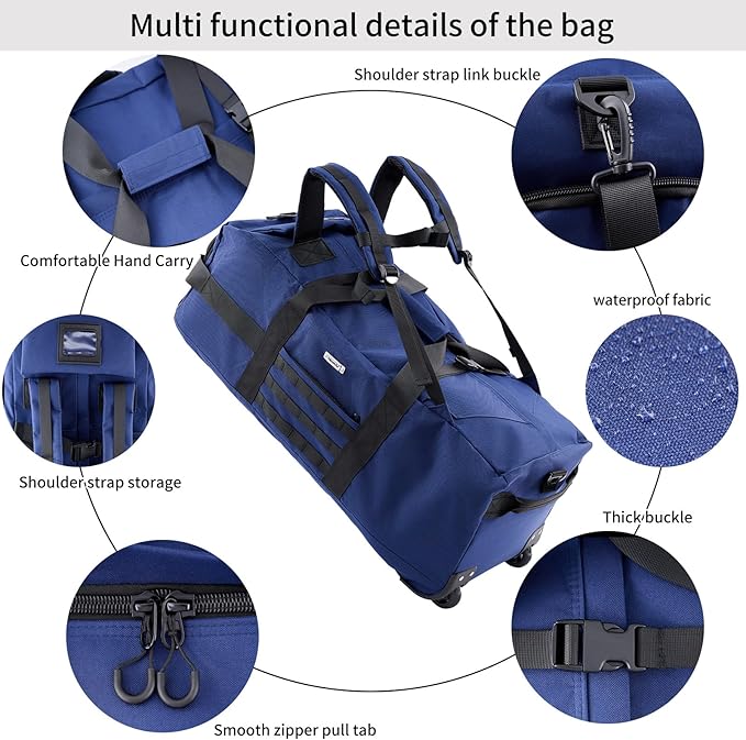 80L Rolling Duffel Bag with Wheels,Rolling Garment Bag,Military Tactical Wheeled Foldable Backpack For Deployment Traveling Camping Sporting (Blue+Drawstring bag)