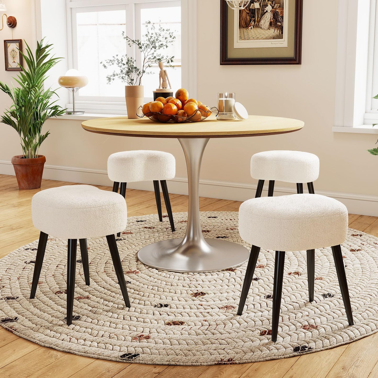 Permory Teddy Velvet Vanity Stool, Upholstered Makeup Chair with Sturdy Metal Legs, Soft Padded Ottoman Footrest, Modern Accent Stool for Bedroom, Living Room, Entryway (White, 17.7in H)