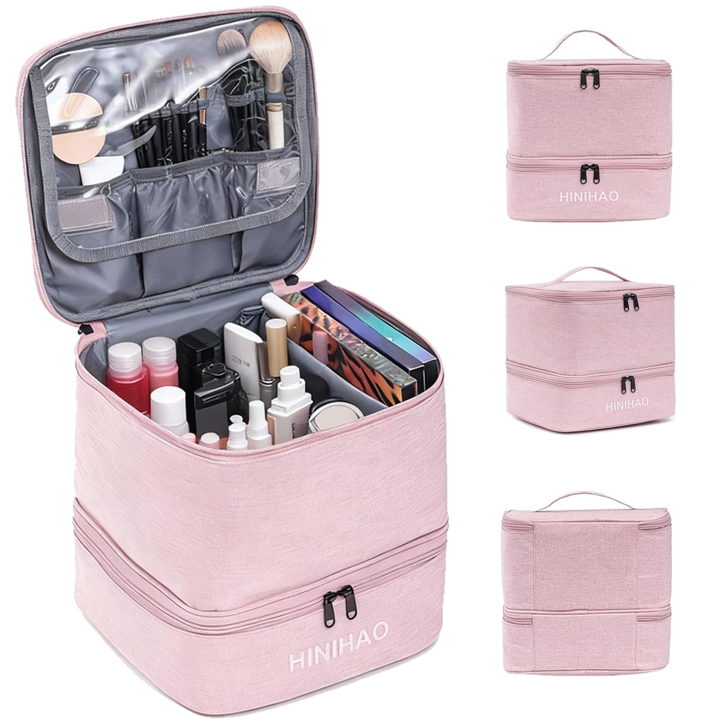 FAYYGYH Makeup Bag, Portable Cosmetic Bag, Travel Makeup Organizer With Handle and Divider, Double Layer Large Organizer Bag, Adjustable Dividers and Brush Organize area- Pink (makeup bag-lage)