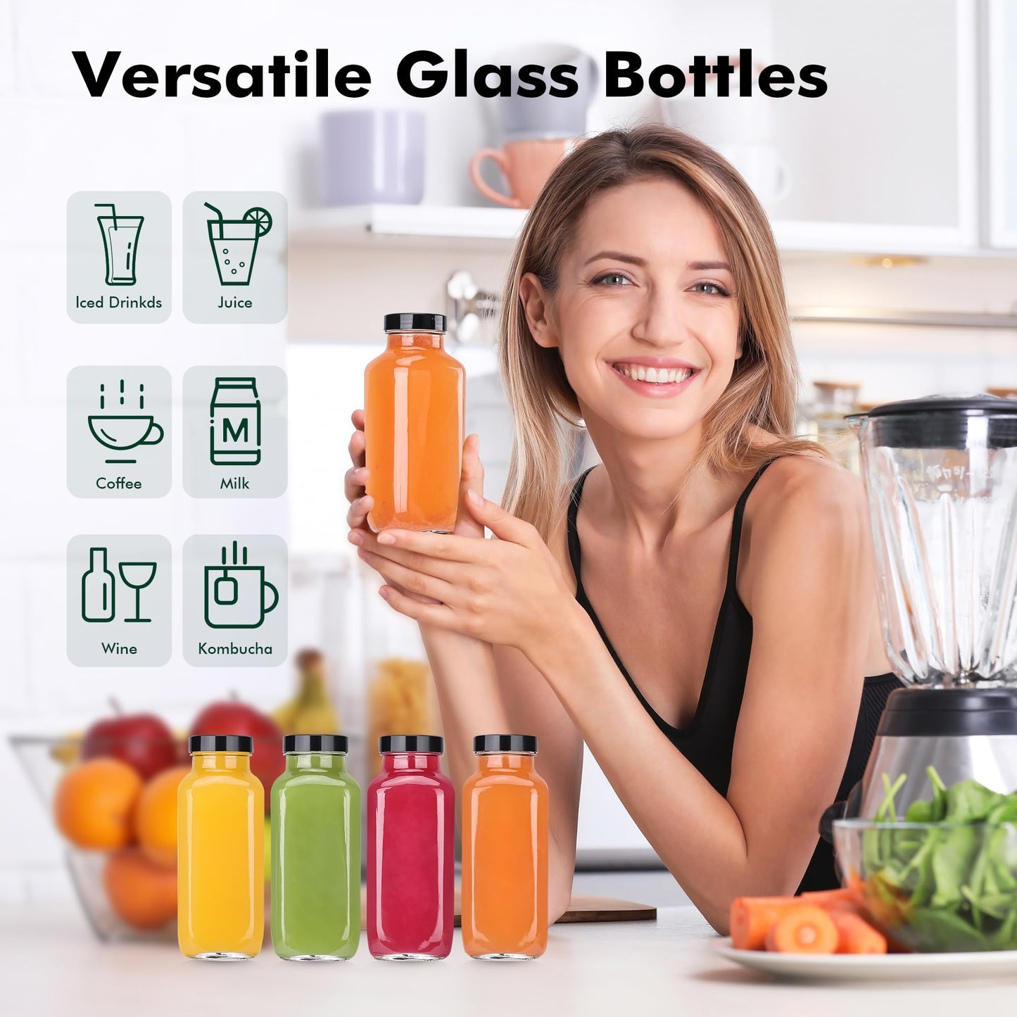 Glxgow 8 Pack 8 oz Glass Juice Bottles with Lids & Labels, Reusable Travel Juice Storage Containers, Clear Glass Drink Jars for Juicing, Water, Ginger, Wellness Shots - Leakproof, Dishwasher Safe