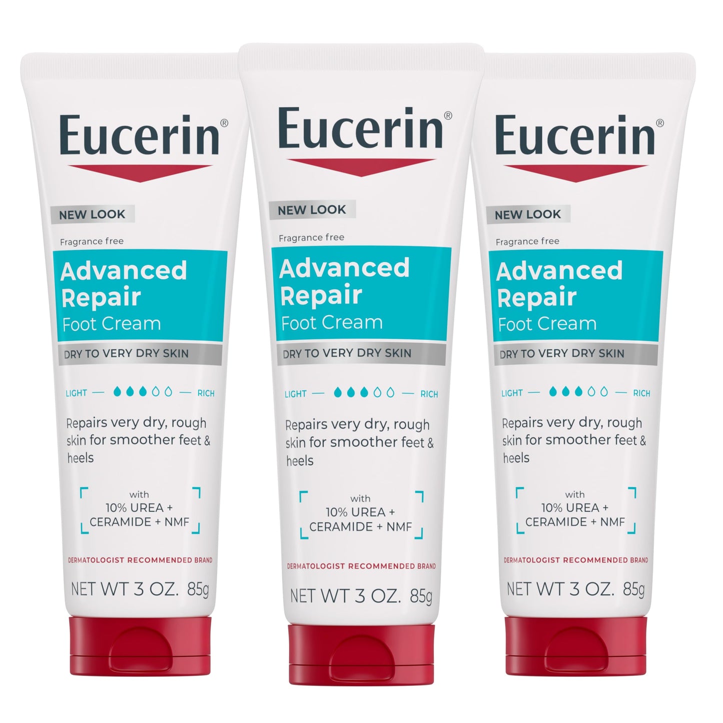 Eucerin Advanced Repair Foot Cream, Urea Enriched, Unscented Foot Cream for Dry Feet and Heels With Triple Moisturizing Complex, Travel Size Moisturizer, 3 OZ Tube, Pack of 3