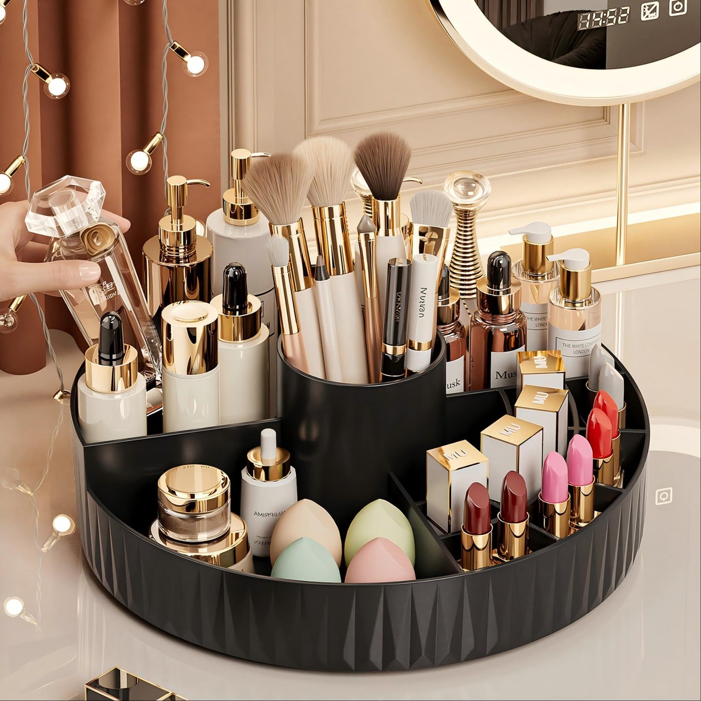 360° Rotate Makeup Organizer, Countertop Skincare Organizer, Large Capacity Multi-Compartment Makeup Brush Lipstick Skincare Organizer, Cosmetic Storage for Dresser Vanity & Bathroom (Black)