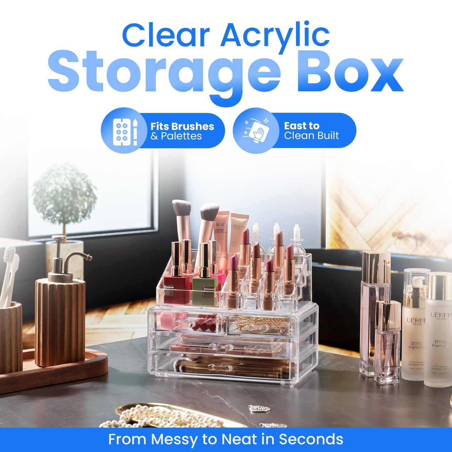 Masirs Clear Makeup Organizer - 16-Compartment Cosmetic and Jewelry Holder with 4 Drawers - Vanity Storage Box for Makeup, Skincare, Accessories, and Jewelry Display