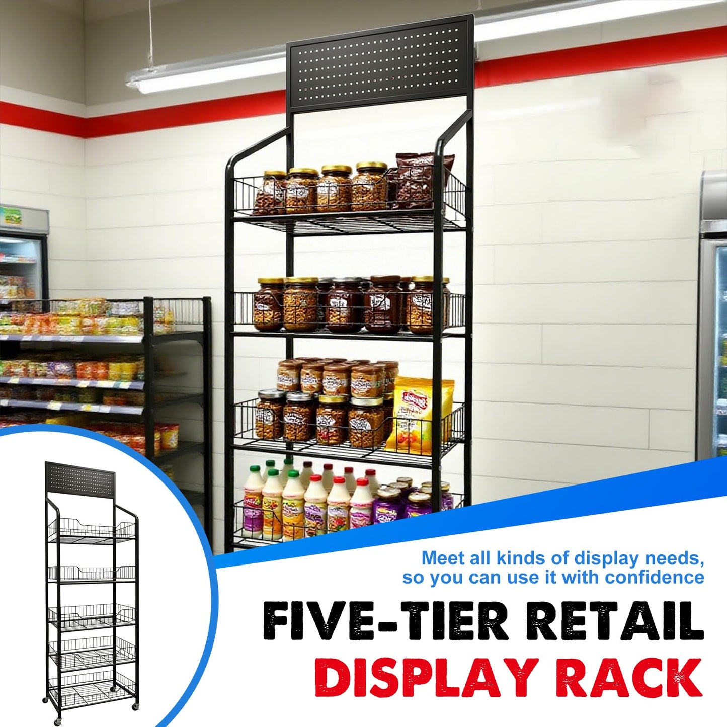 5 Tier Retail Candy Display Rack Metal Storage Shelf with Wheels & 15 Hooks Concession Candy Snack Display Racks Sturdy and Stable Chip Shelf Rack for Stores, Kitchen, Office (5 Tier Black 50cm)