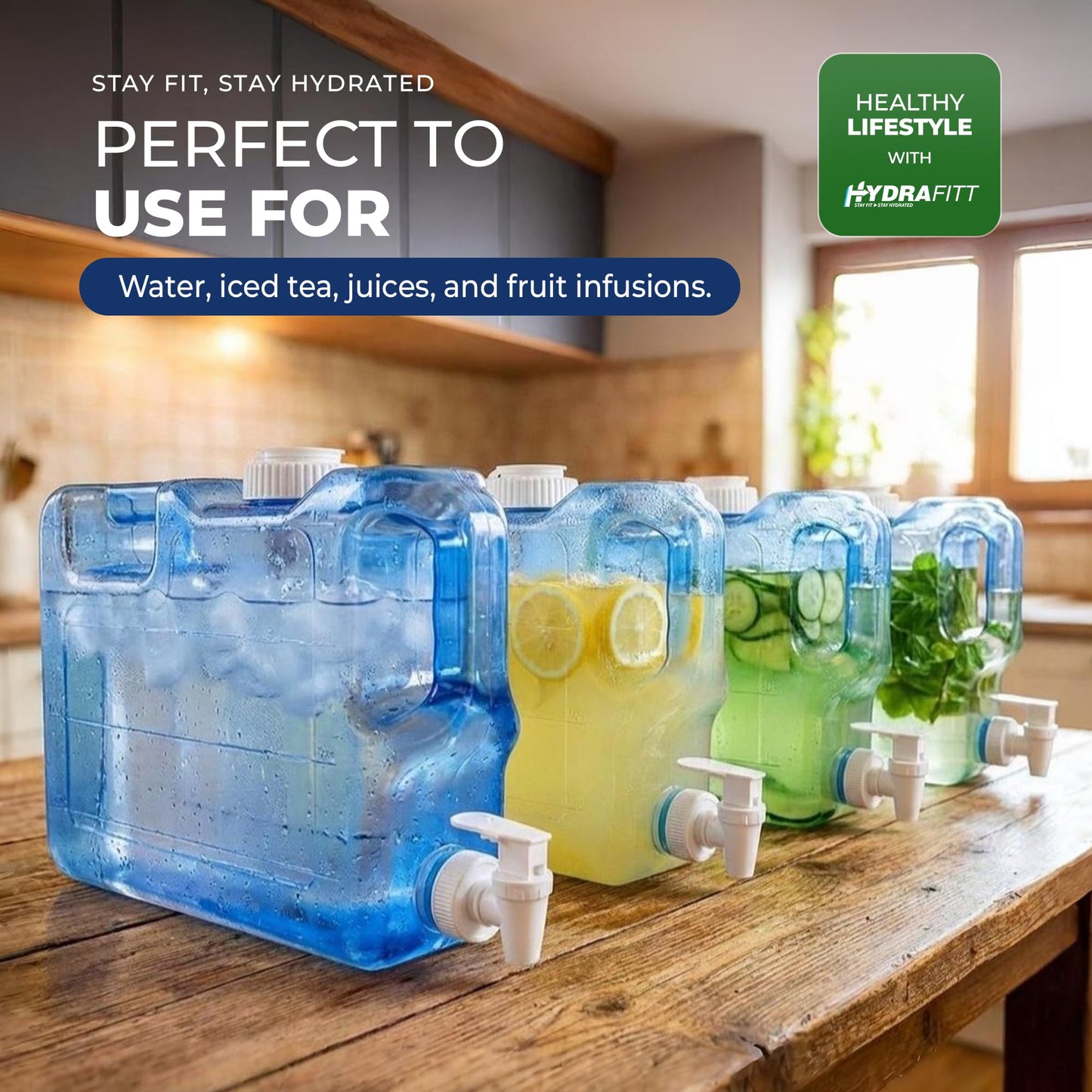 HydraFitt Refrigerator Water Dispenser 1.1 Gallon – Leak-Proof Slim Fridge Water Container with Spigot – BPA-Free Refillable Water Jug (Dark Blue)