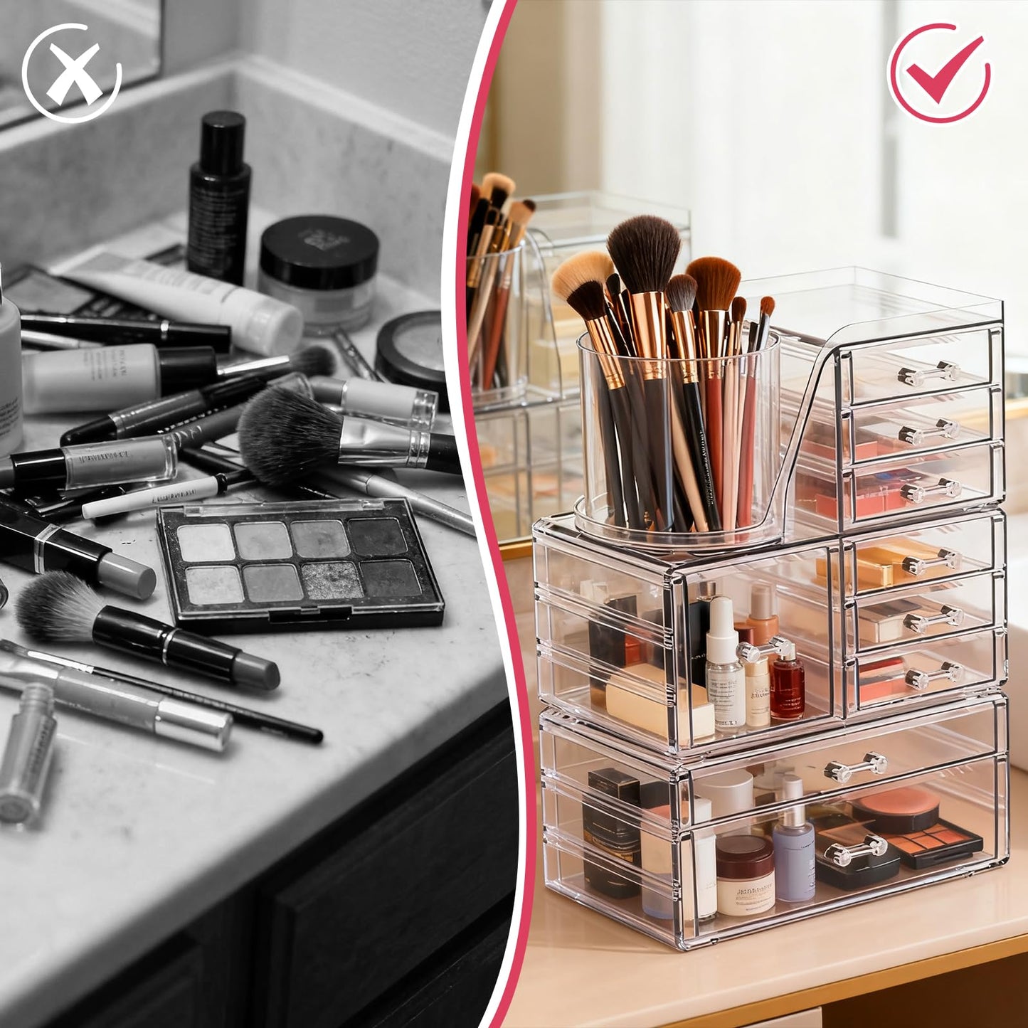 ShineMe Clear Makeup Organizer with 9 Drawers, 3 Tier Stackable Makeup Storage Organizer with Rotating Brush Holder, Acrylic Countertop Makeup Organizer for Vanity Skincare Jewelry Hair Accessories