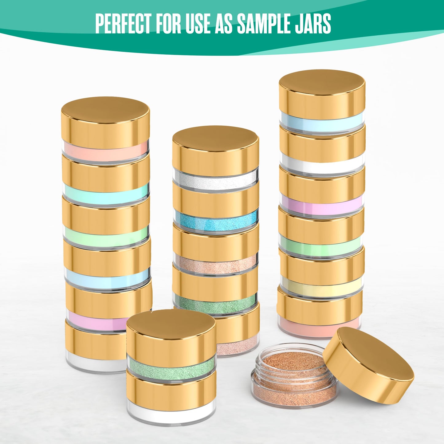 Houseables Sample Containers, Sample Jars, Lip Balm Containers, Mini Jars with Lids, Small, Empty, Makeup, Powder, Gloss, Cosmetic, Tiny, Dab, Wax, Scrub, Little, Travel, Plastic, Gold, 3 Gram, 50 PK