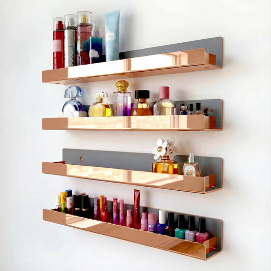 RORKIM 4 Pack 15 Inch Rose Gold Reflective Acrylic Shelves, Rose Gold Floating Shelves, Modern Sunglasses Essential Oil Picture Ledge Display Toy Storage Shelf