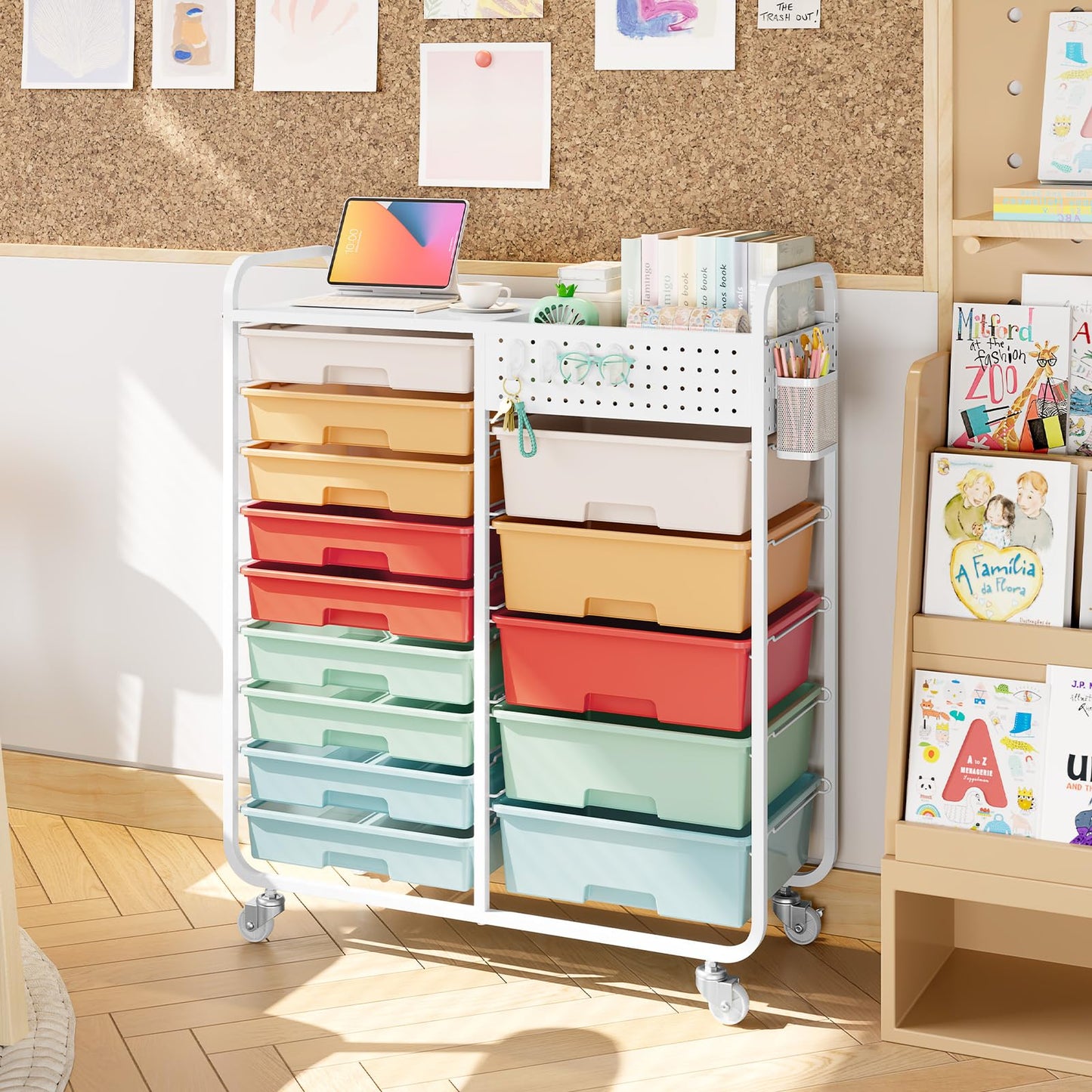 Rolling Storage Cart with 14 Drawers, Storage Organizer Cart with Tabletop and Pegboard,Utility Cart for Living Room, Classroom, Bedroom,Bathroom,Dorm,Office (Rainbow)