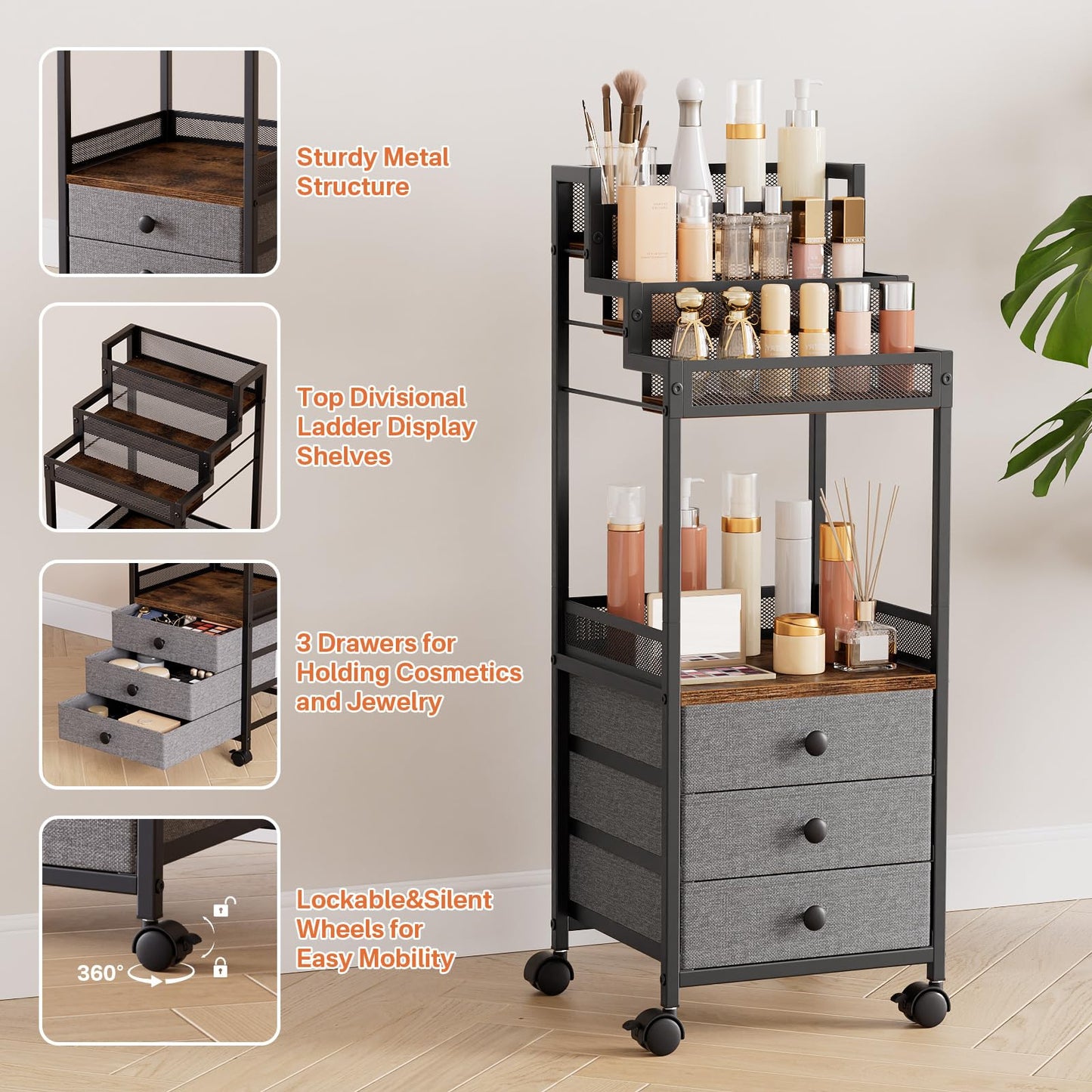 FURFUN Display Riser Stand Perfume Cologne Organizer, 13in Rolling Makeup Storage Cart with Fabric Drawers, Floor Vanity Cosmetics Display Cases for Skin Care Nail Polish Figures Rustic Brown