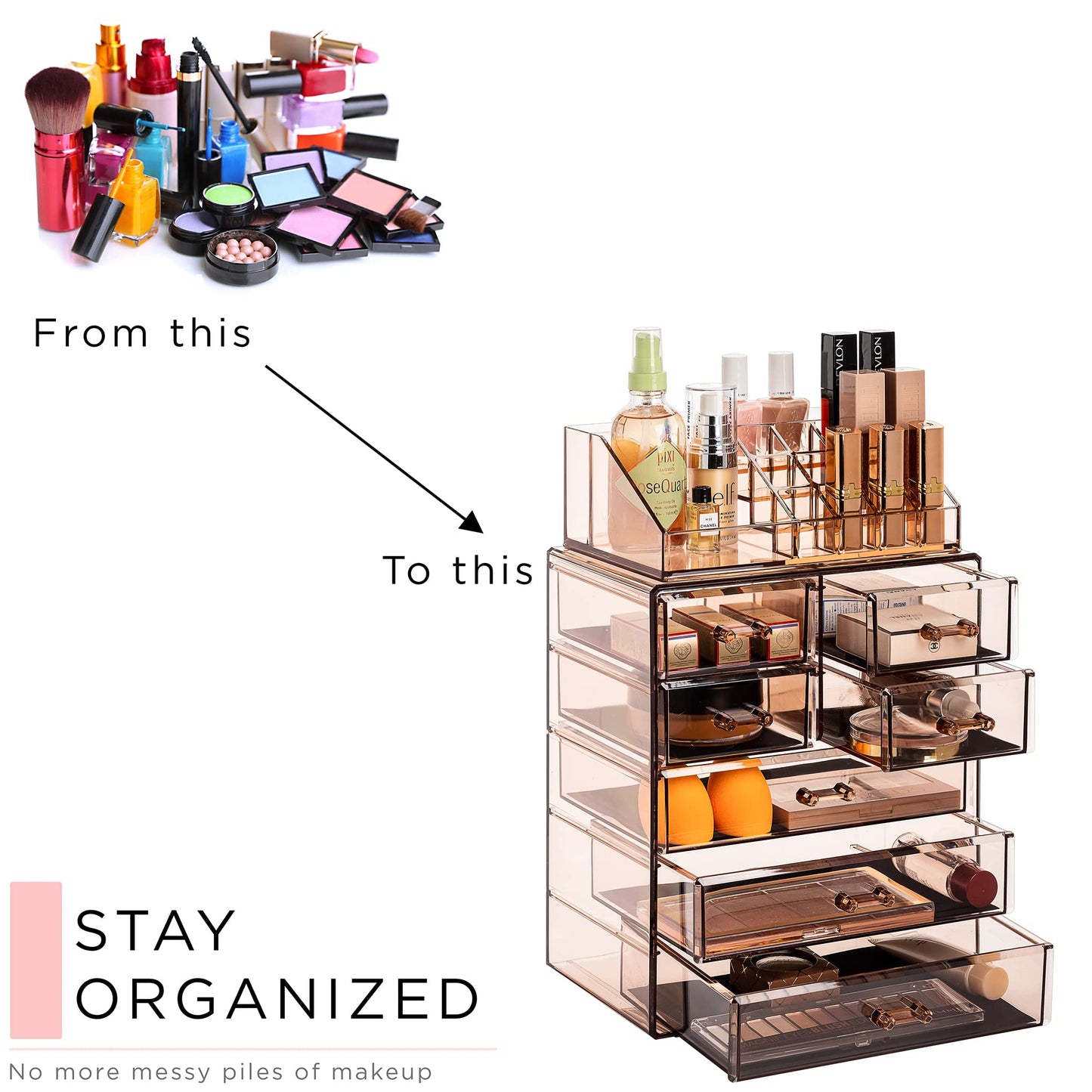 Sorbus Acrylic Makeup Organizer Set, 7-Drawer Vanity & Countertop Cosmetic Storage with Small & Wide Compartments, Bronze Glow Makeup Storage for Brushes, Jewelry – Holiday Gift for Women & Teens