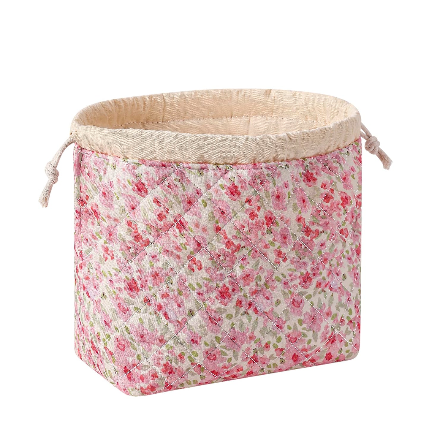 Cotton Quilted Drawstring Makeup Bag with Canvas Lining,Coquette Aesthetic Cute Travel Toiletry Bag,Drawstring Gift Bag for Women and Girls（18 Watercolor Pink Flower）