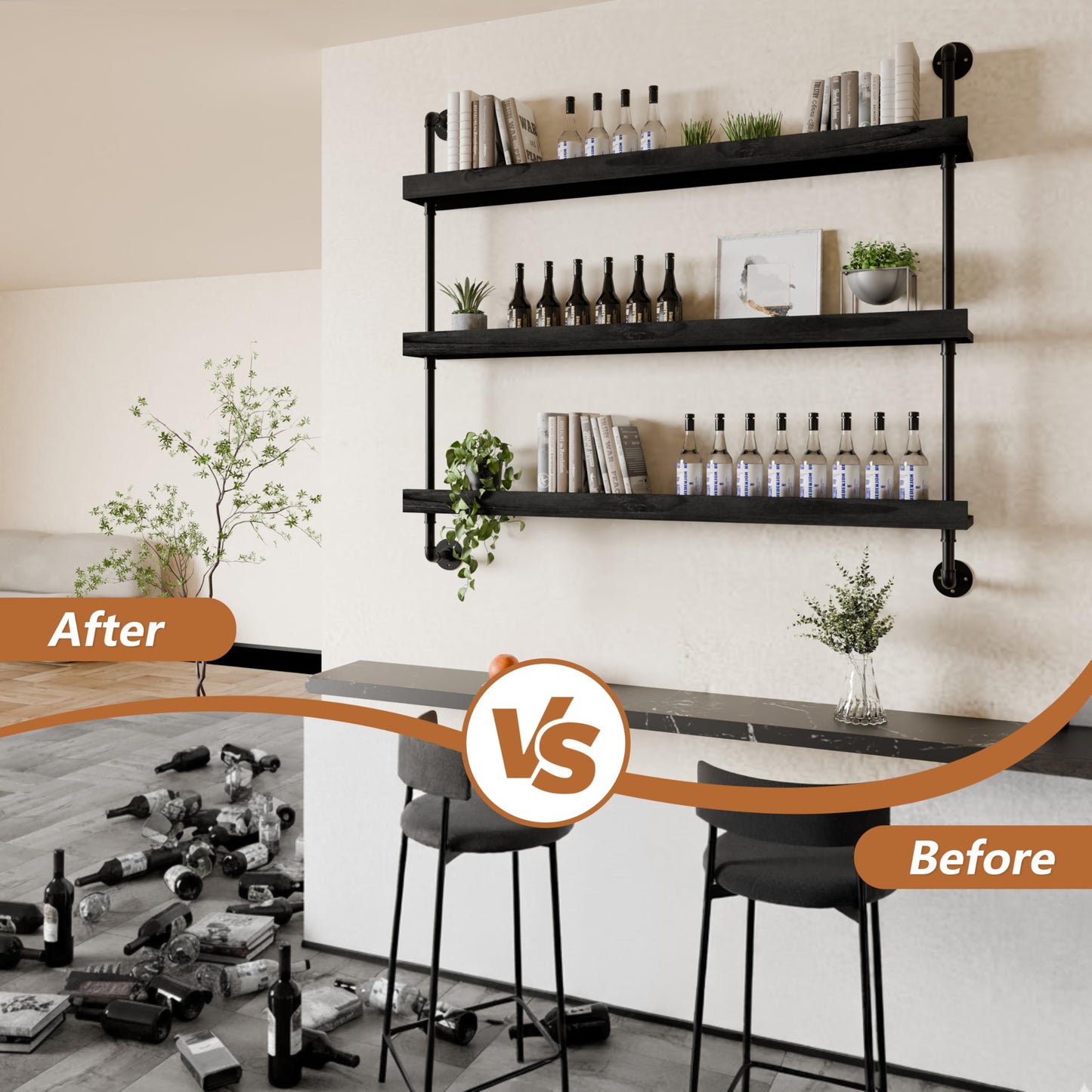 Anynice Industrial Wine Rack Wall Mounted, Solid Wood Shelf with Metal Pipe Brackets, 3-Tier Rustic Hanging Organizer for Wine Bottle Storage in Kitchen, Bar, Pub, Cellar(Black, 48 Inch)