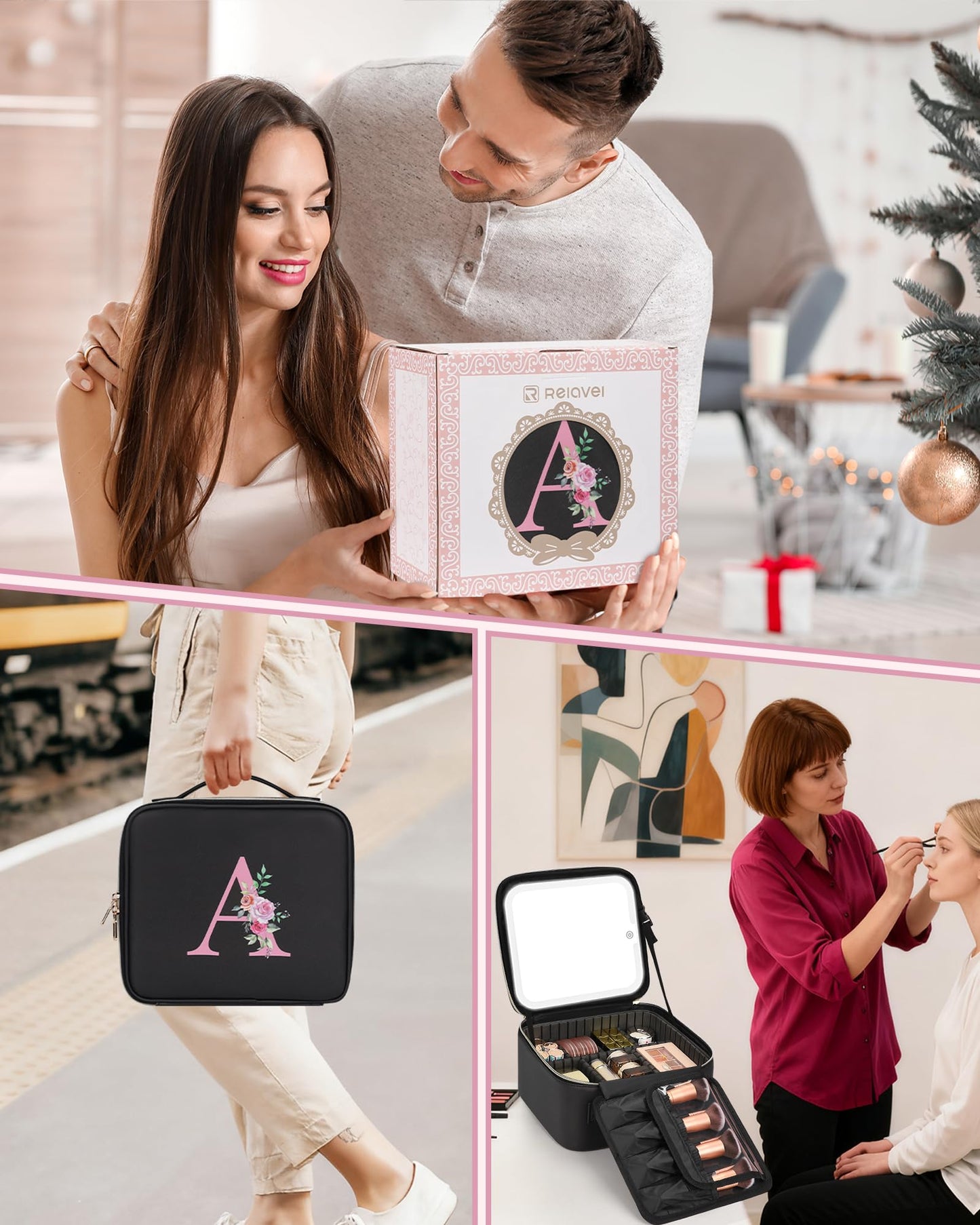 Relavel Initial Makeup Bag with LED Mirror for Women, Personalized Travel Cosmetic Organizer Train Case, Birthday Gifts for Teens Girls Grandkids Graduation Teacher Friends, Trendy Stuff, Black A