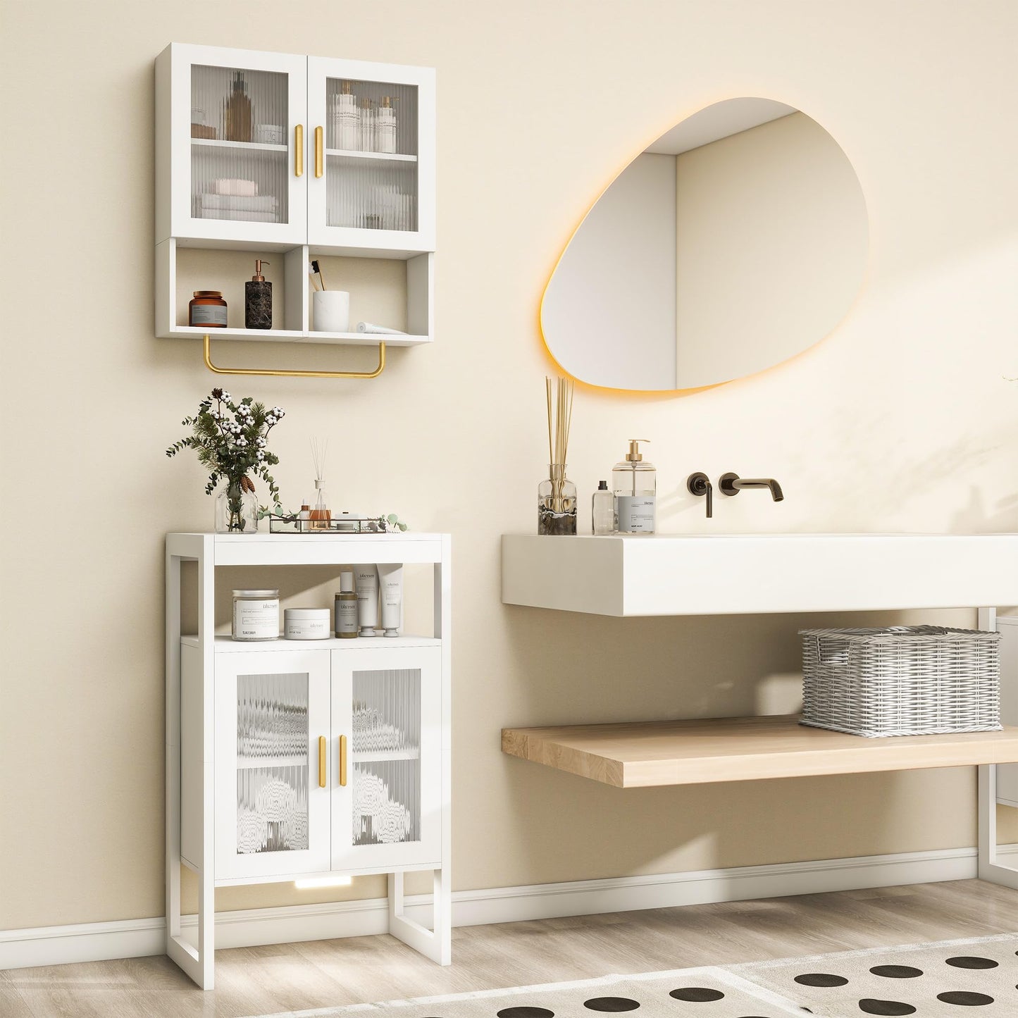 Bathroom Storage Cabinet with Motion Sensor Light and 2 Doors, White