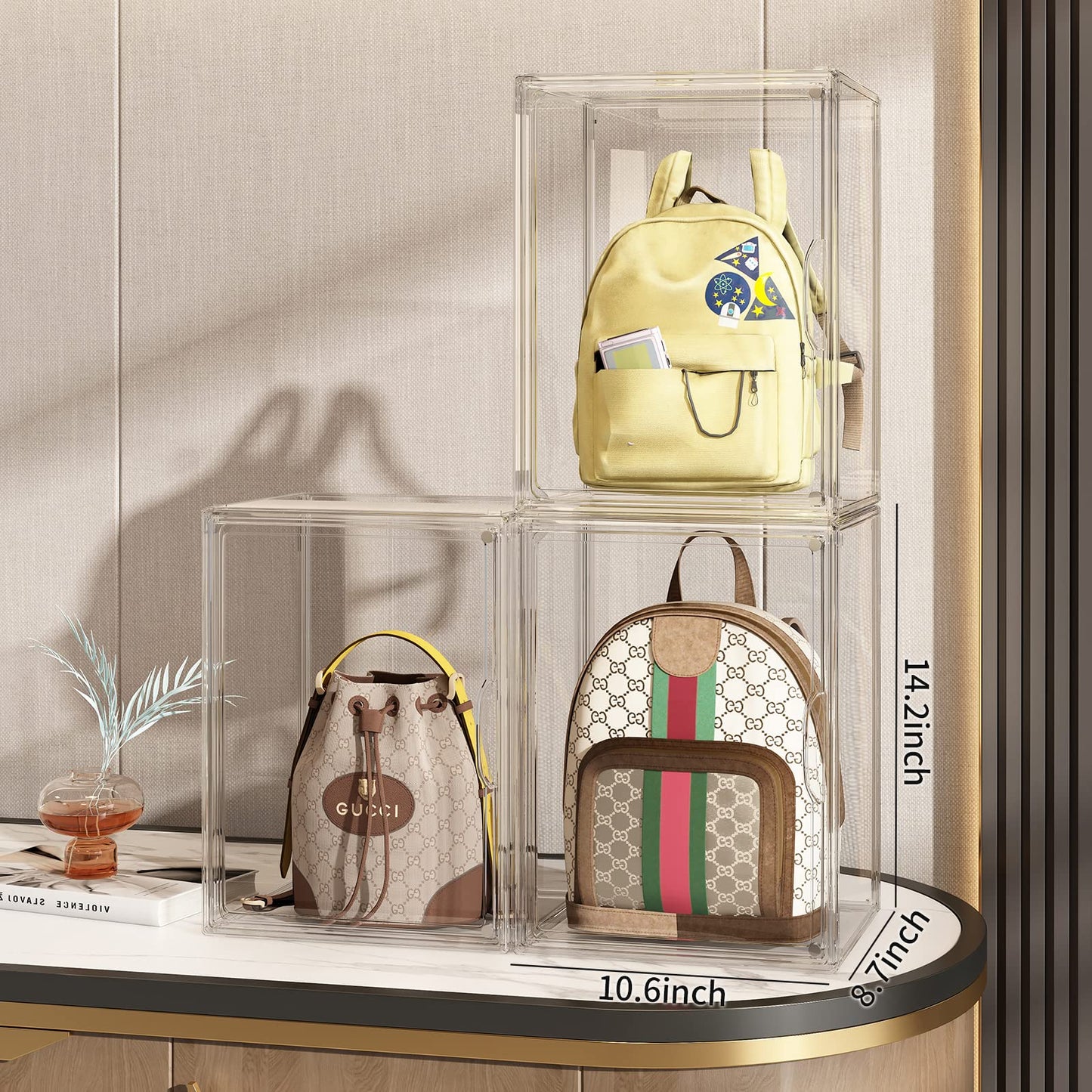 MSHOMELY Purse Organizer for Closet, 3 Pack Handbag Storage Organizer, Clear Acrylic Display Case for Collectibles, Stackable Bag Organizer with Magnetic Door for Wallet, Clutch, Figure, Toys
