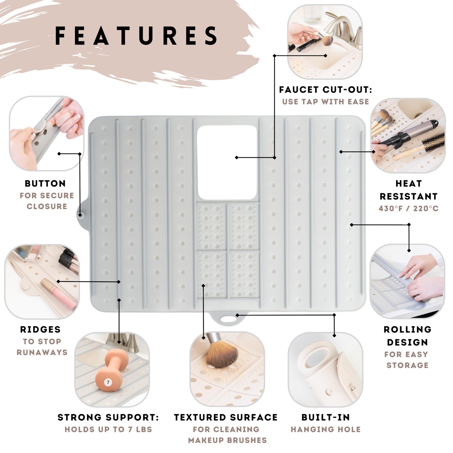 Sink Cover for Counter Space Makeup Cleaning Mat - Heat Resistant Mat is Dishwasher Safe -Bathroom Sink Mat - RV Sink Cover - Makeup Brush Cleaning Mat