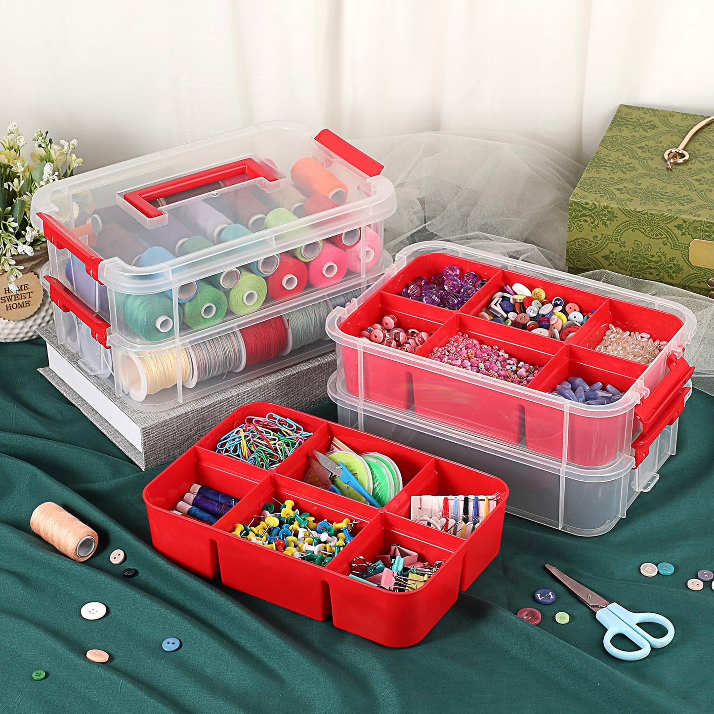JUXYES 4-Tiers Stack Carry Storage Box With 2 Divided Tray, Transparent Stackable Storage Bin With Handle Lid Latching Storage Container for School & Office Supplies, Red
