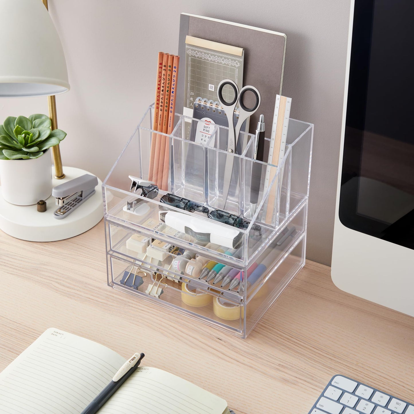 STORi Stackable Desk and Drawer Organizer, Clear Pen Pencil Makeup Brush Holder for Desktops and Vanities, 6 Compartment Caddy with 2 Wide Drawers (Made in USA)