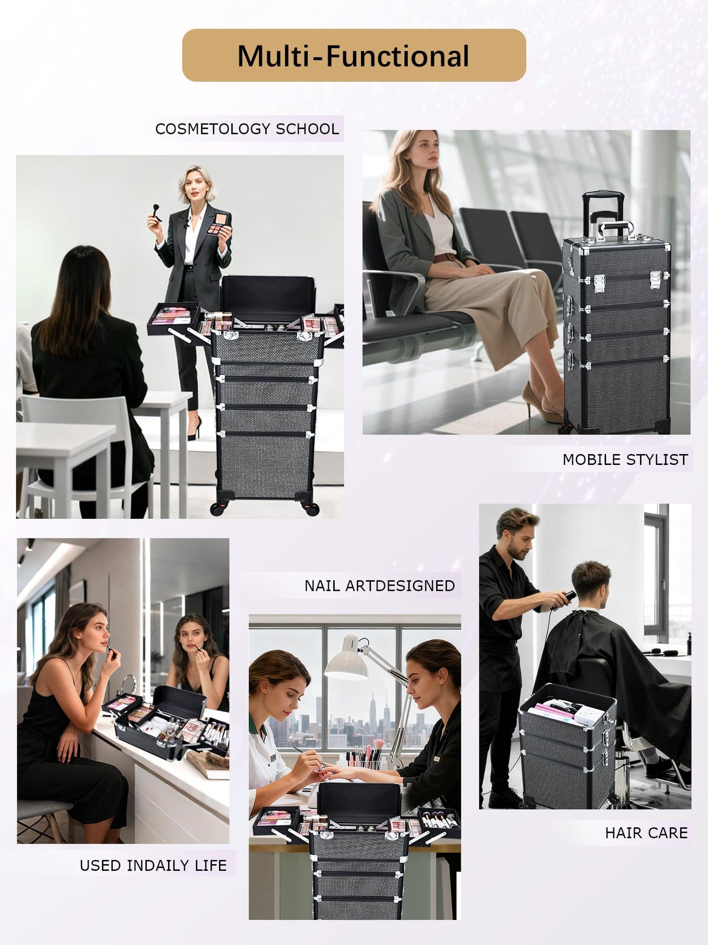 Costravio 5 in 1 Rolling Makeup Case on Wheels Large Cosmetology Case Organizer Beauty Cosmetic Train Case Travel Nail Cart for Make-up Studio Hair Salon, Black Rhinestone