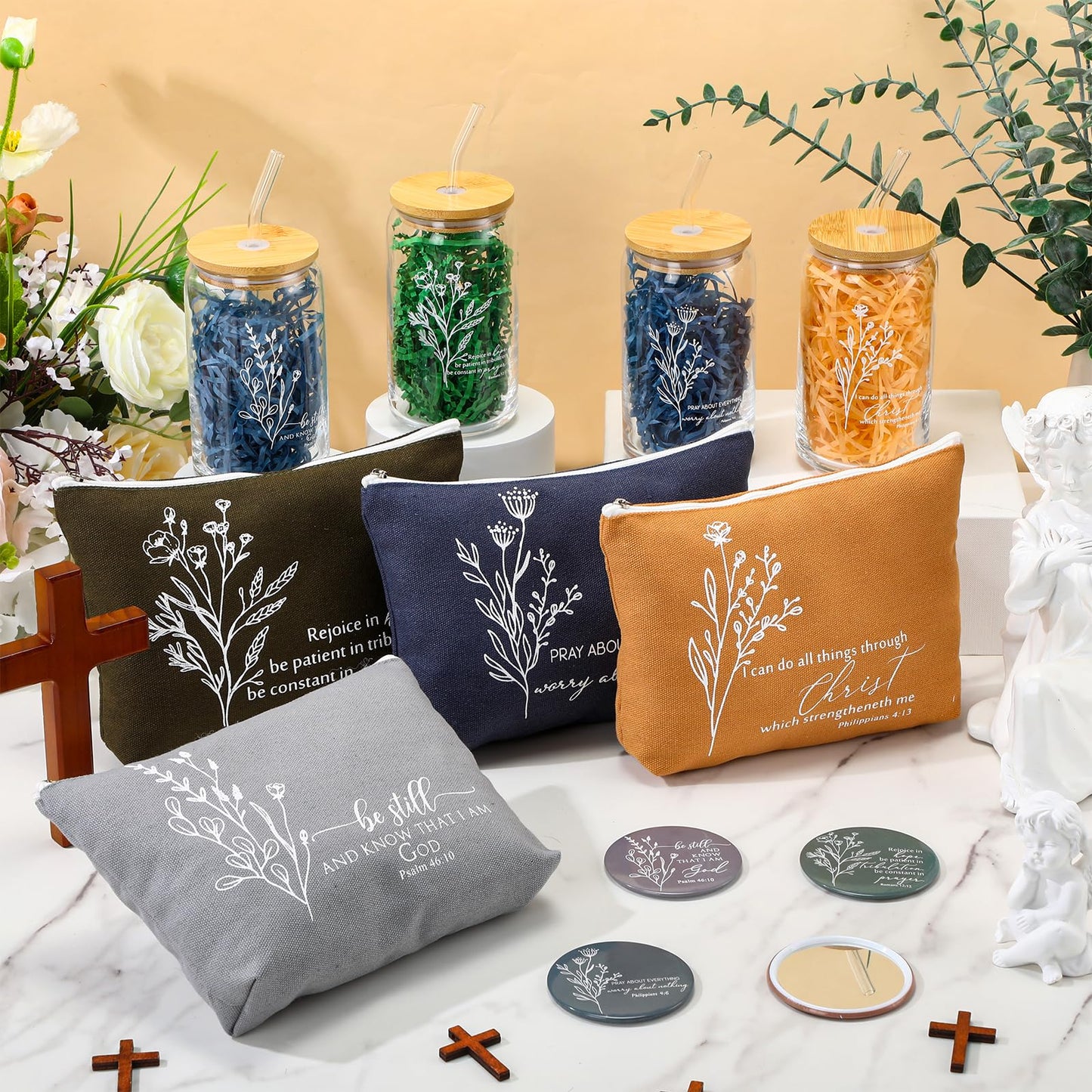 Fumete 4 Set Christian Gift for Women Bulk Religious Makeup Bag Bible Verse Glass Cup Mini Christian Compact Mirror Gifts for Church Members Women Basket Stuffers (Neutral Colors)