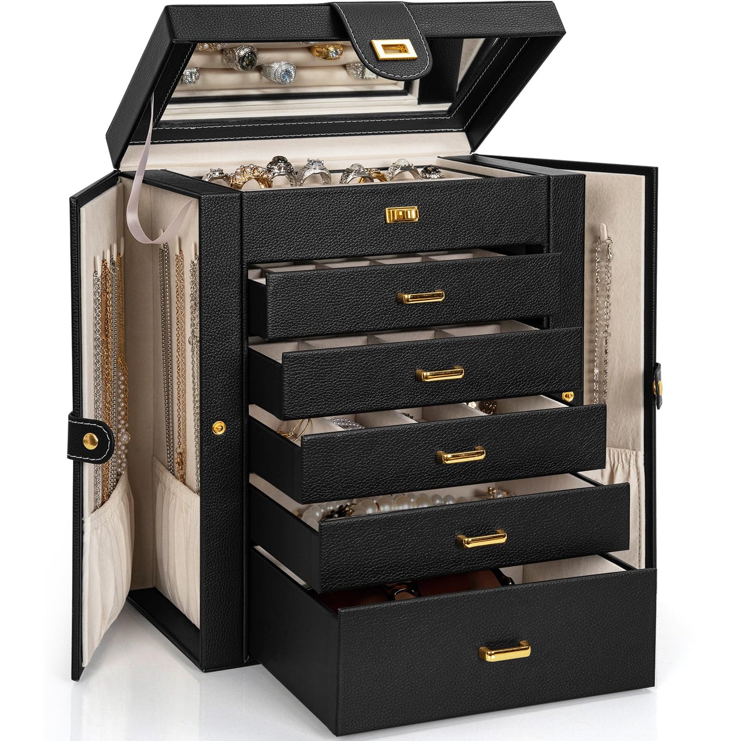 AKOZLIN 6-Tier Jewelry Box Organizer Functional 5 Drawers Leather Jewelry Storage Case for Women Girls Ring Necklace Earring Bracelet Holder Organizer with Mirror Black Regular